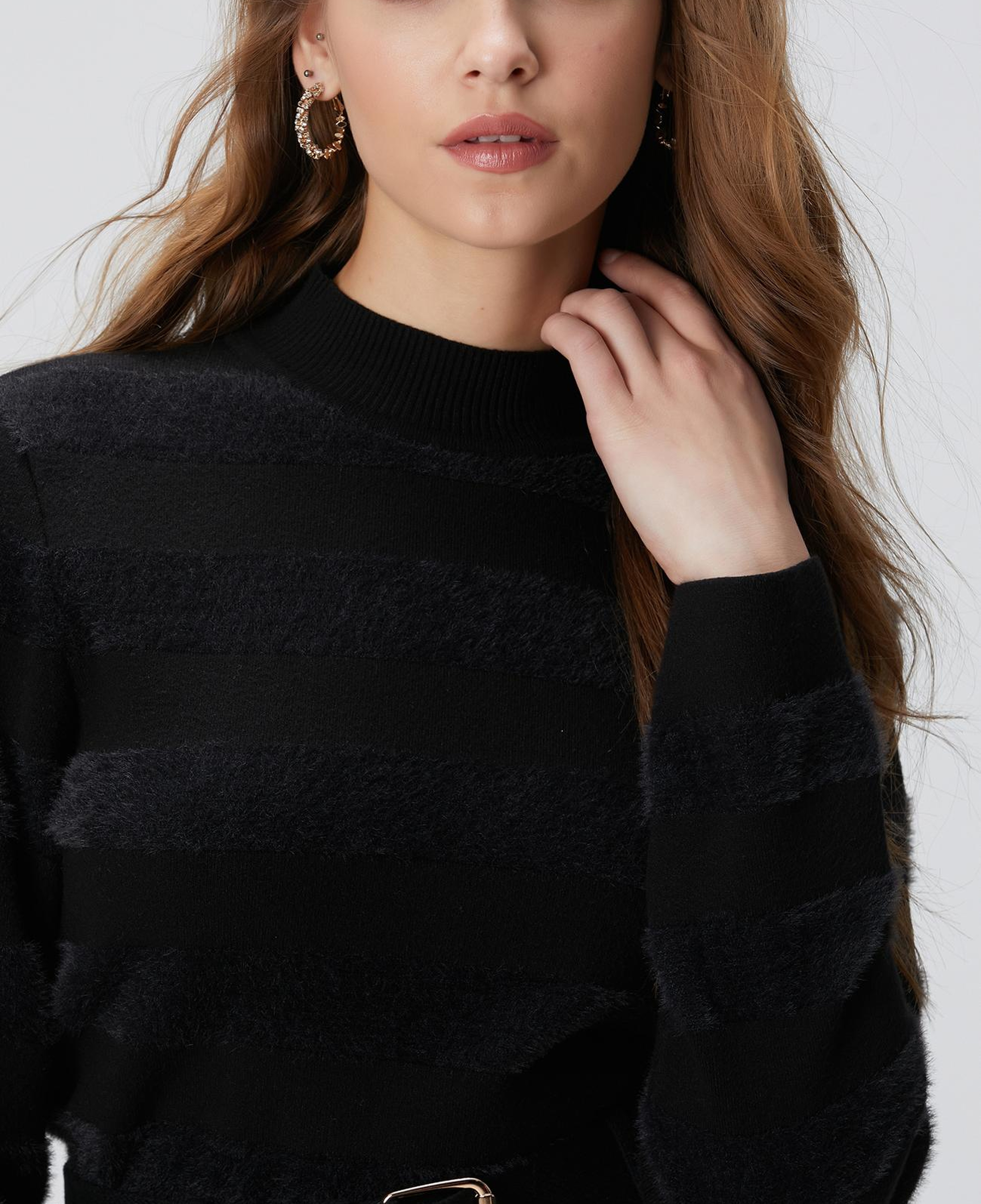 Network Kadın Siyah Çizgili Triko Kazak