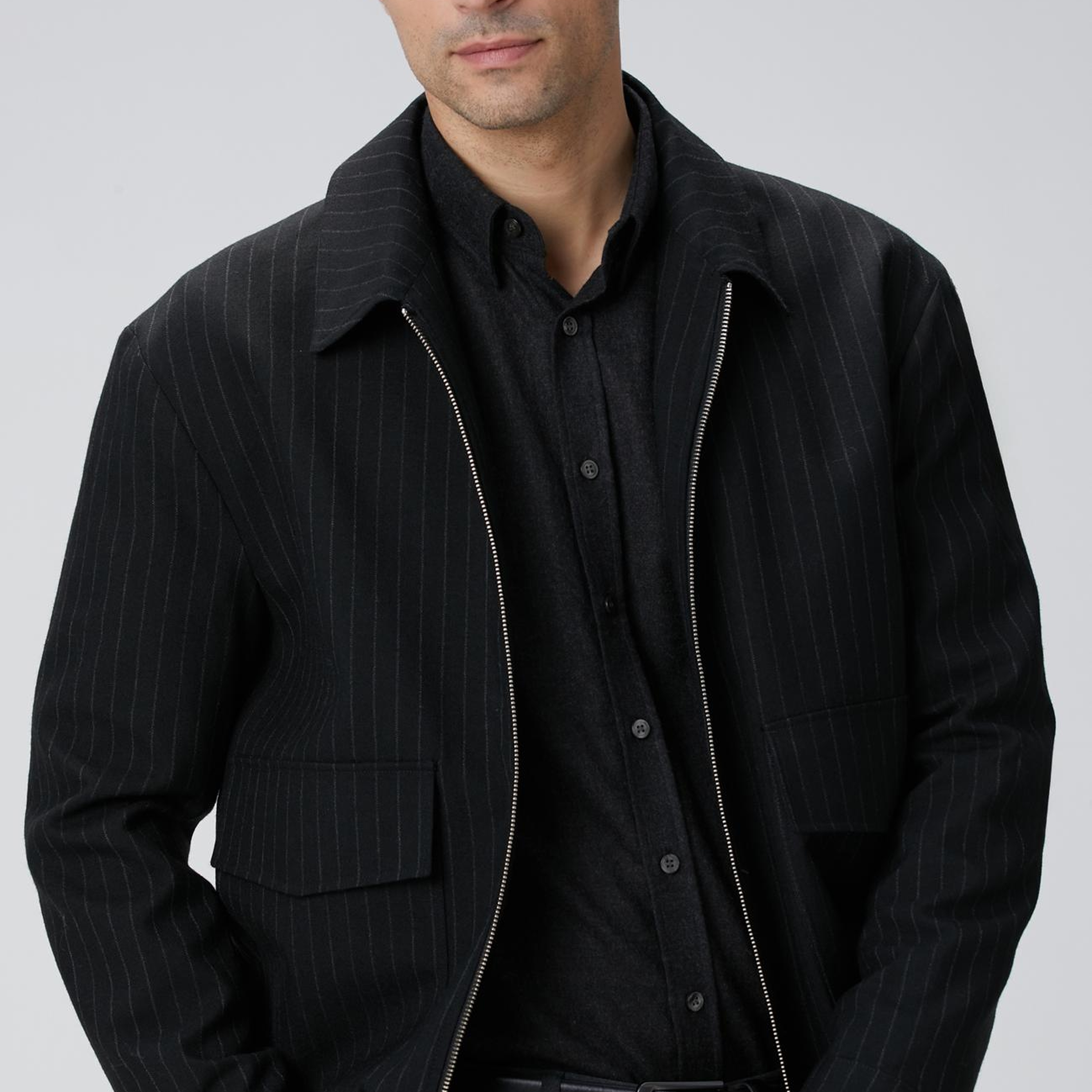 Network Erkek Siyah Çizgili Yün Mont