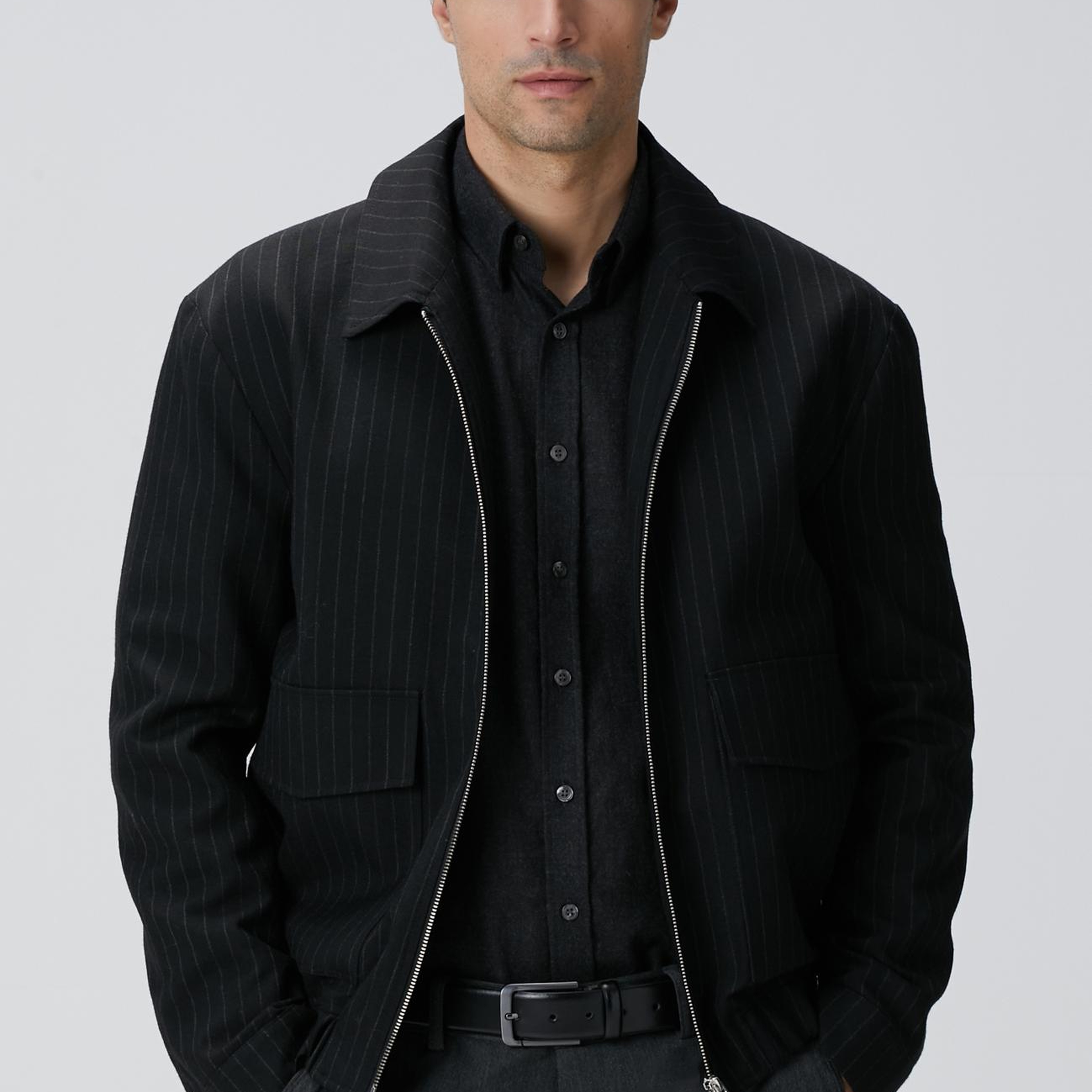 Network Erkek Siyah Çizgili Yün Mont