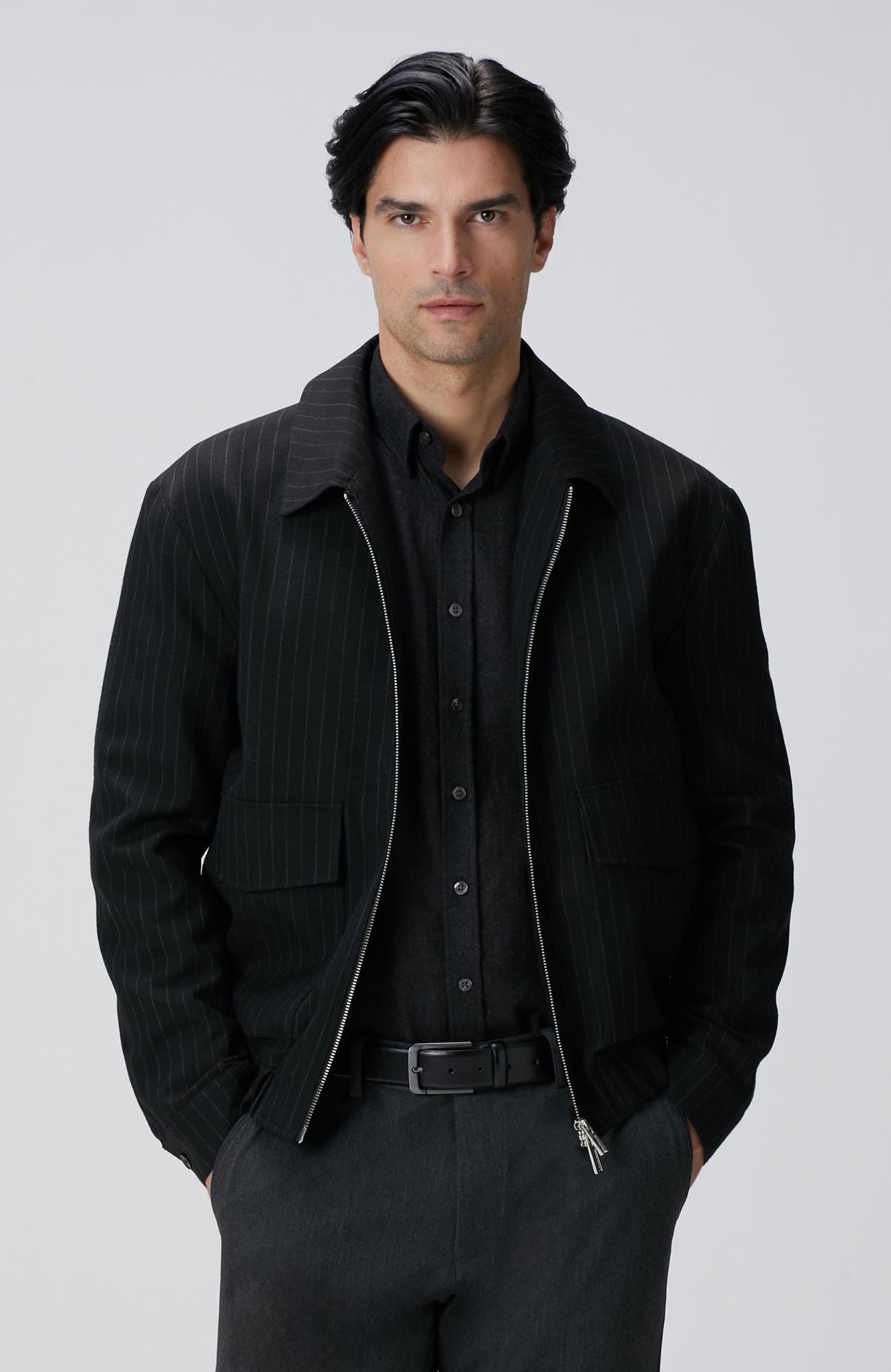 Network Erkek Siyah Çizgili Yün Mont