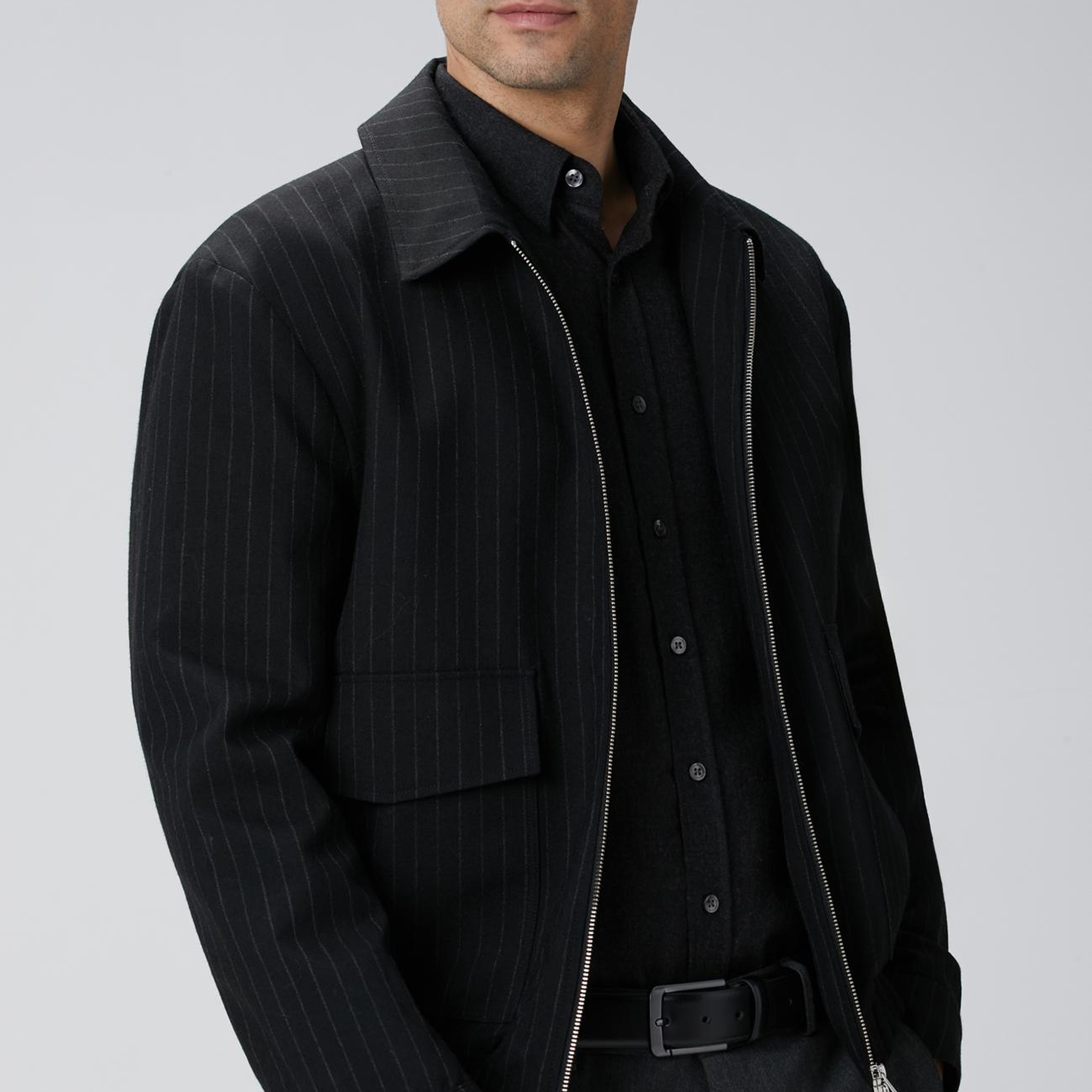 Network Erkek Siyah Çizgili Yün Mont