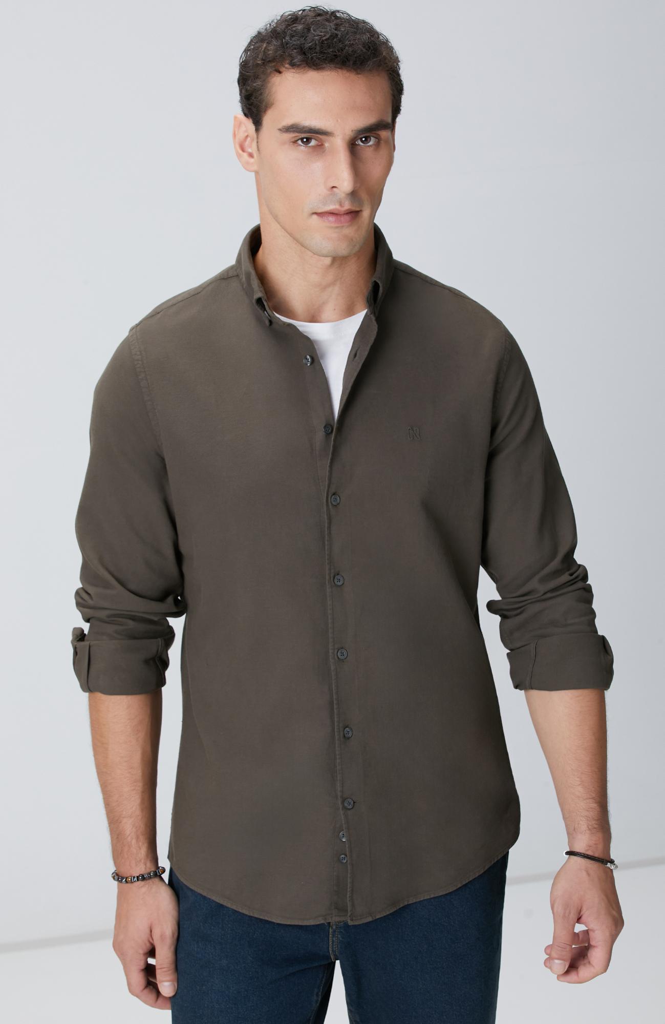 Network Erkek Haki Comfort Fit Petek Desen Parça Boya Gömlek