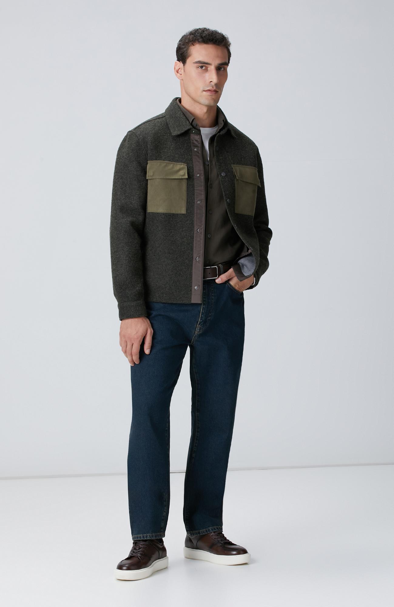 Network Erkek Haki Comfort Fit Petek Desen Parça Boya Gömlek