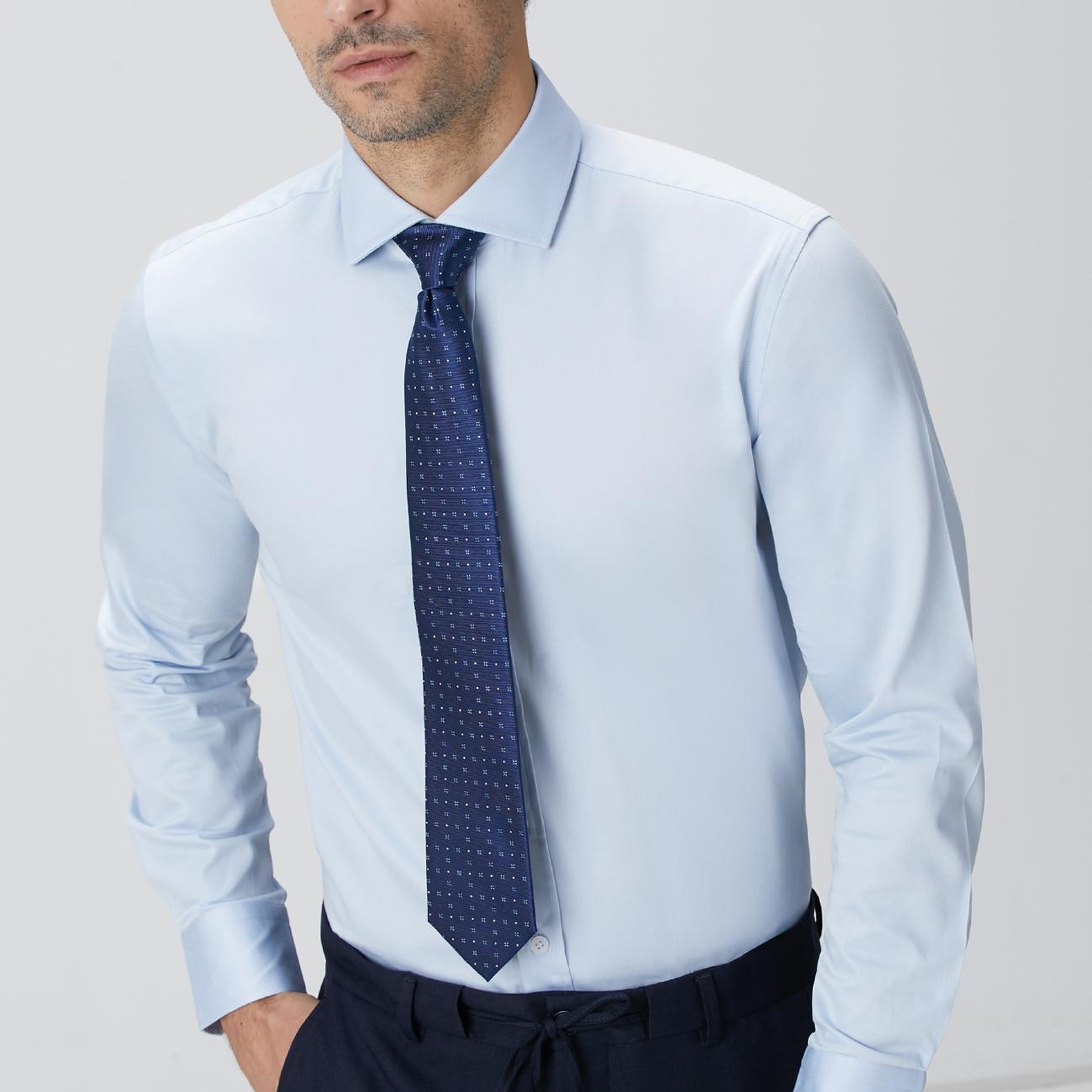 Network Erkek Slim Fit Mavi Pamuk Saten Gömlek