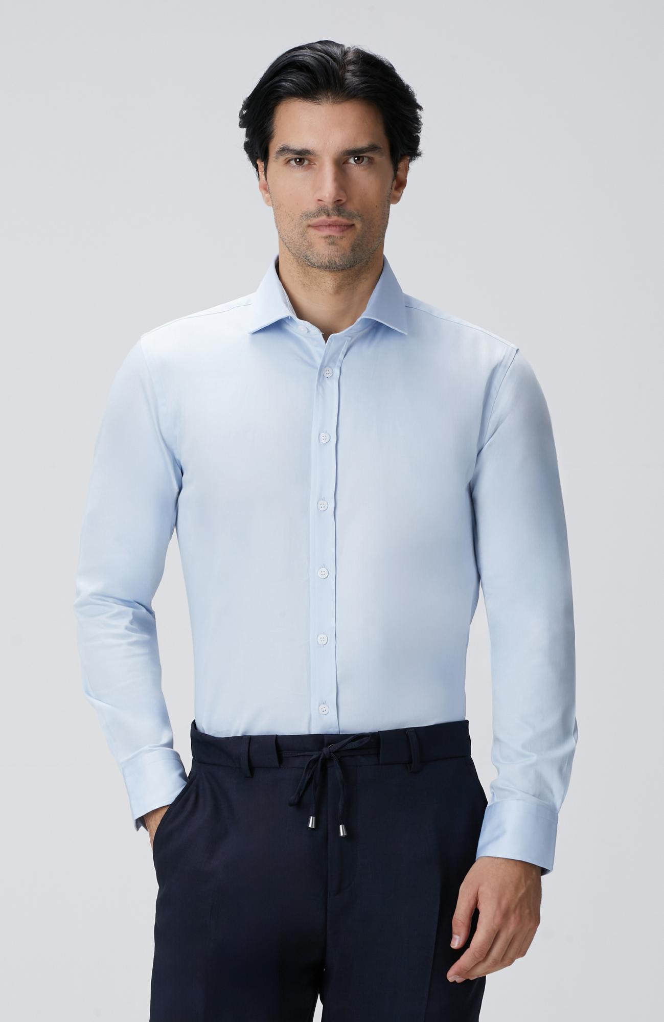 Network Erkek Slim Fit Mavi Pamuk Saten Gömlek