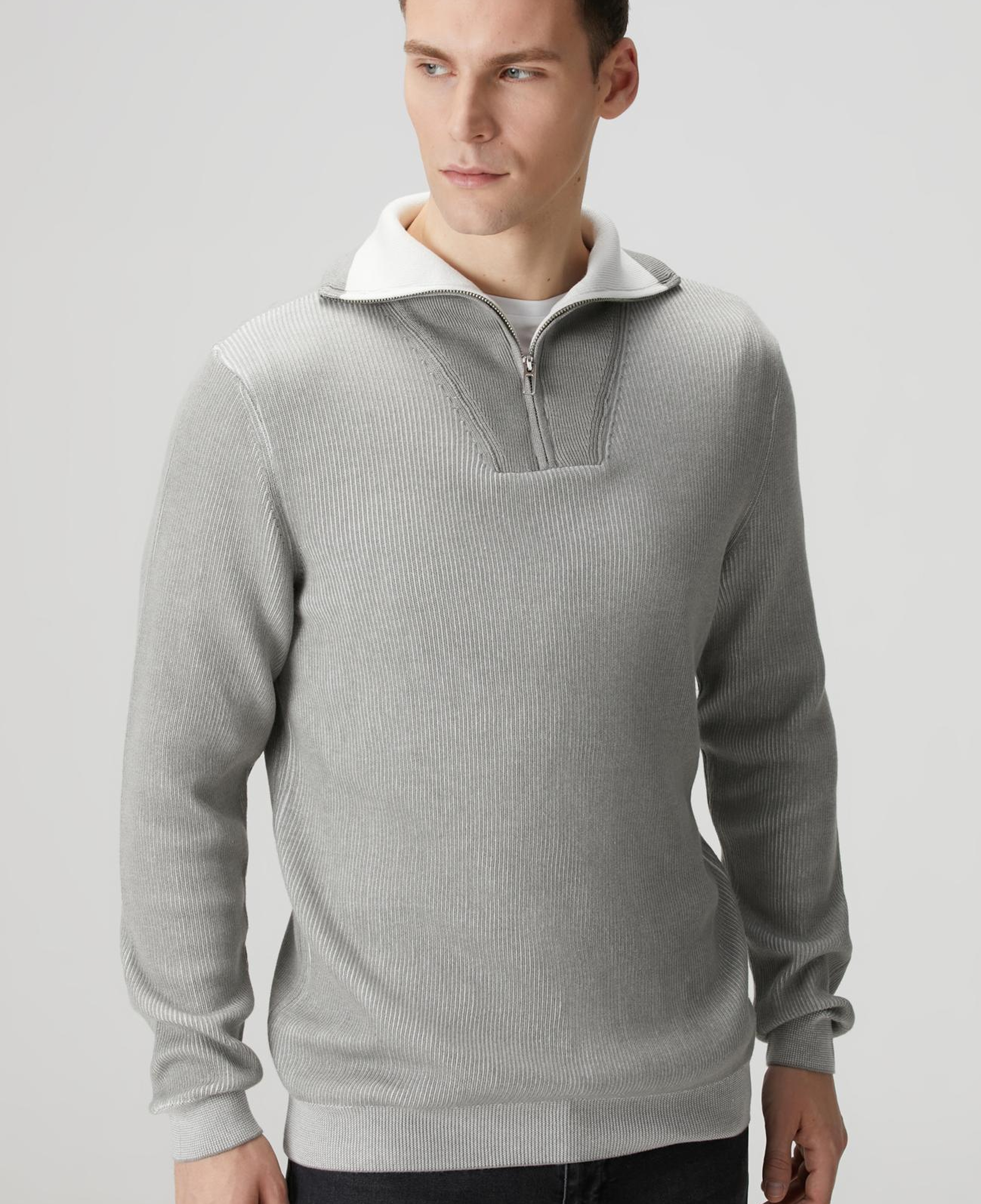 Network Erkek Açık Gri Dik Yaka Çift Renk Kazak