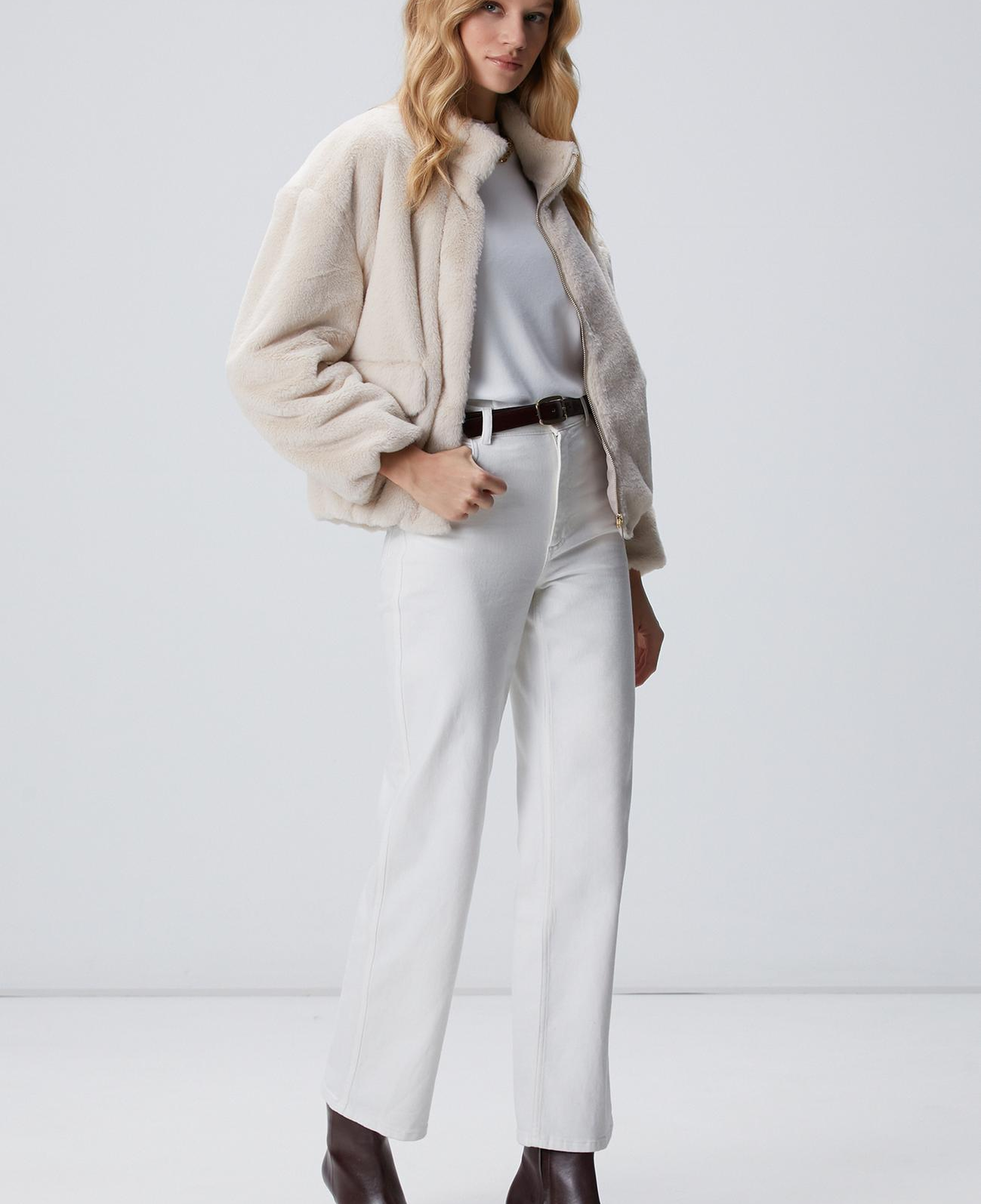 Network Kadın Bej Cep Detaylı Suni Kürk Mont