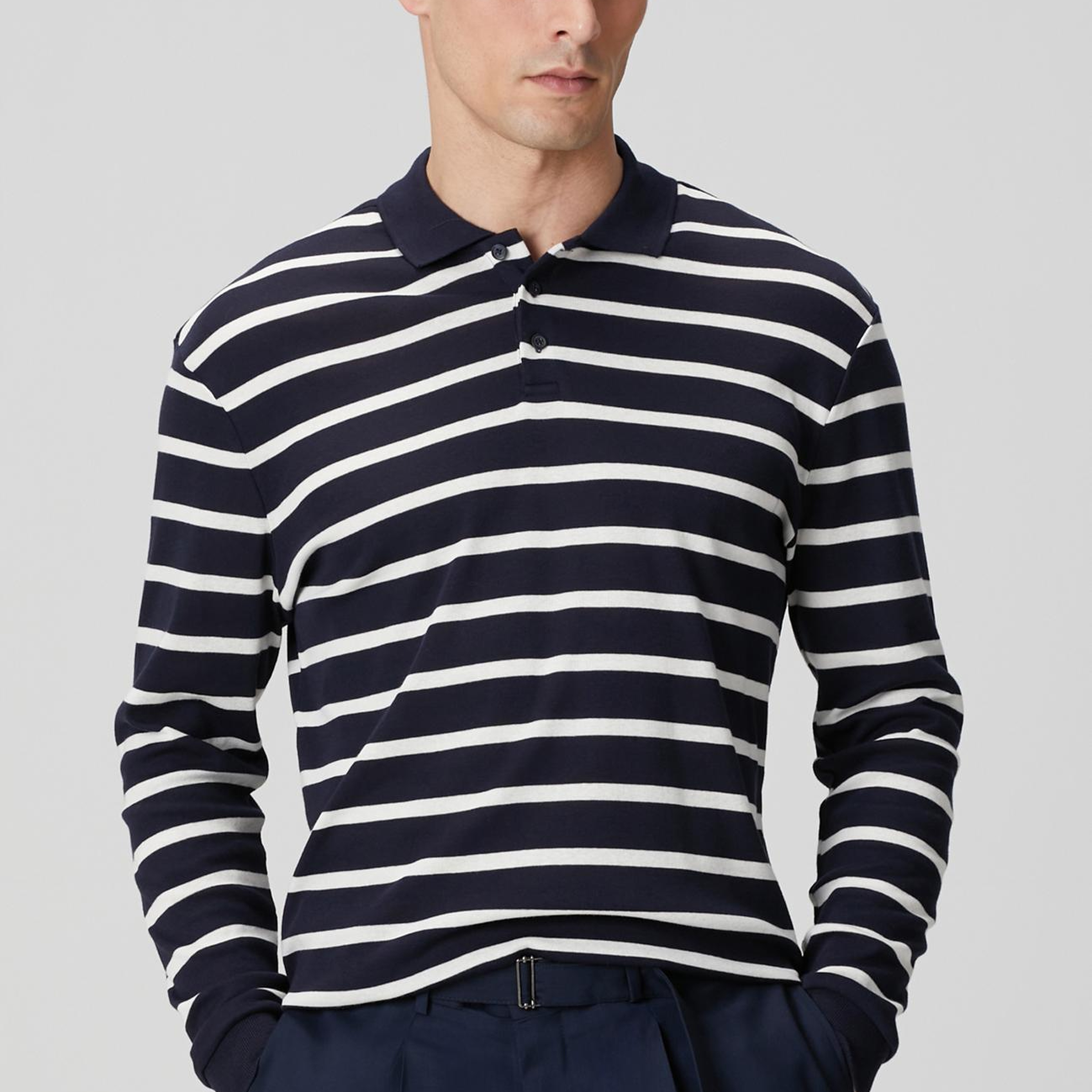 Network Erkek Lacivert Beyaz Çizgili Polo Yaka Sweatshirt