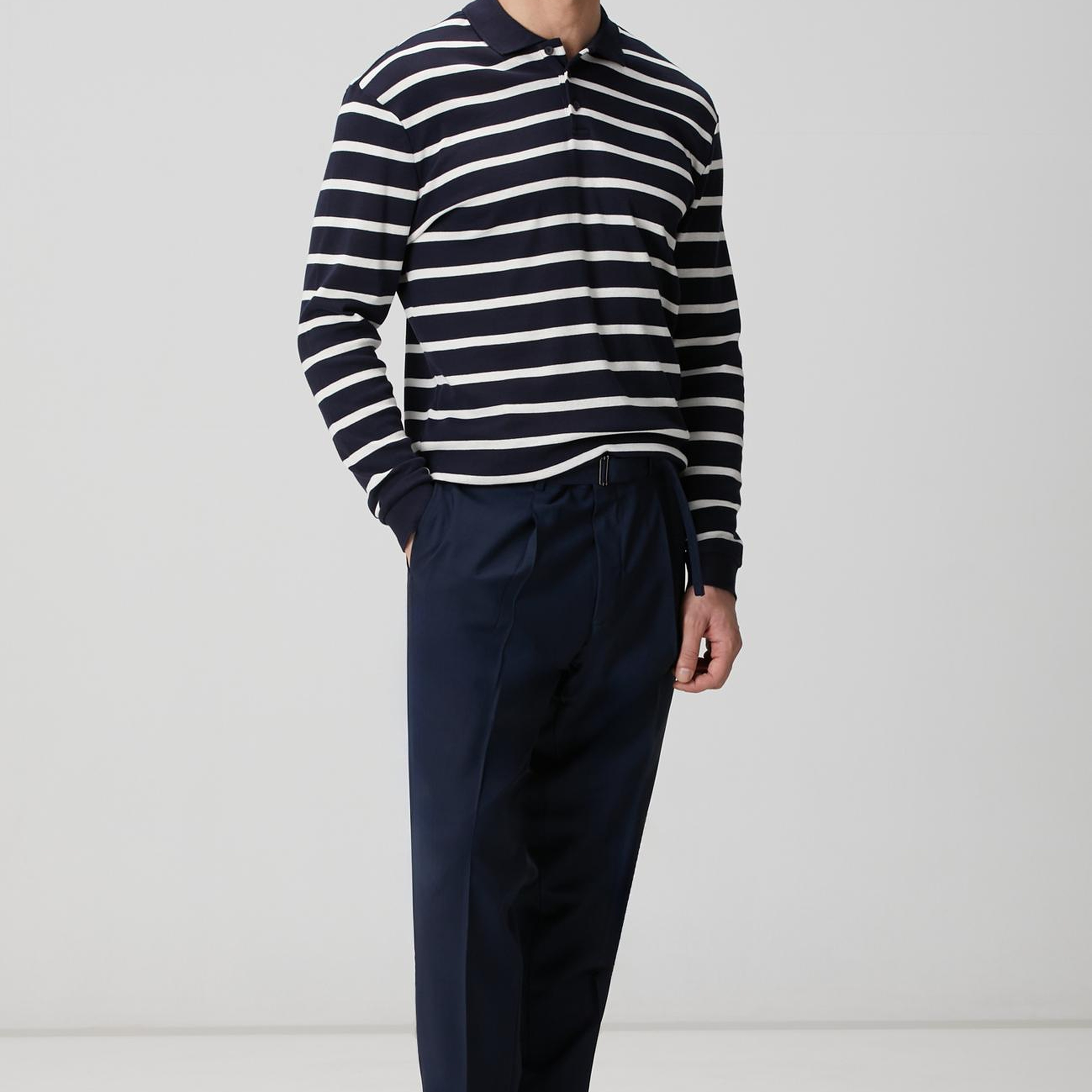 Network Erkek Lacivert Beyaz Çizgili Polo Yaka Sweatshirt