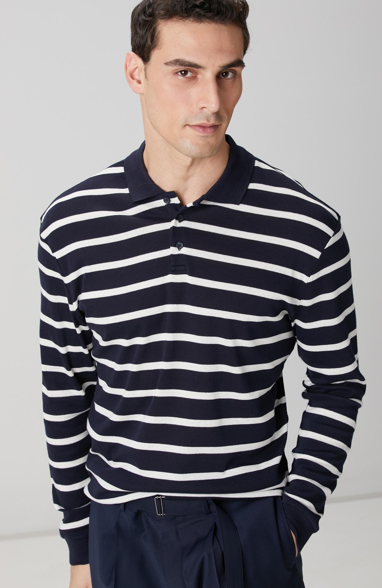 Network Erkek Lacivert Beyaz Çizgili Polo Yaka Sweatshirt