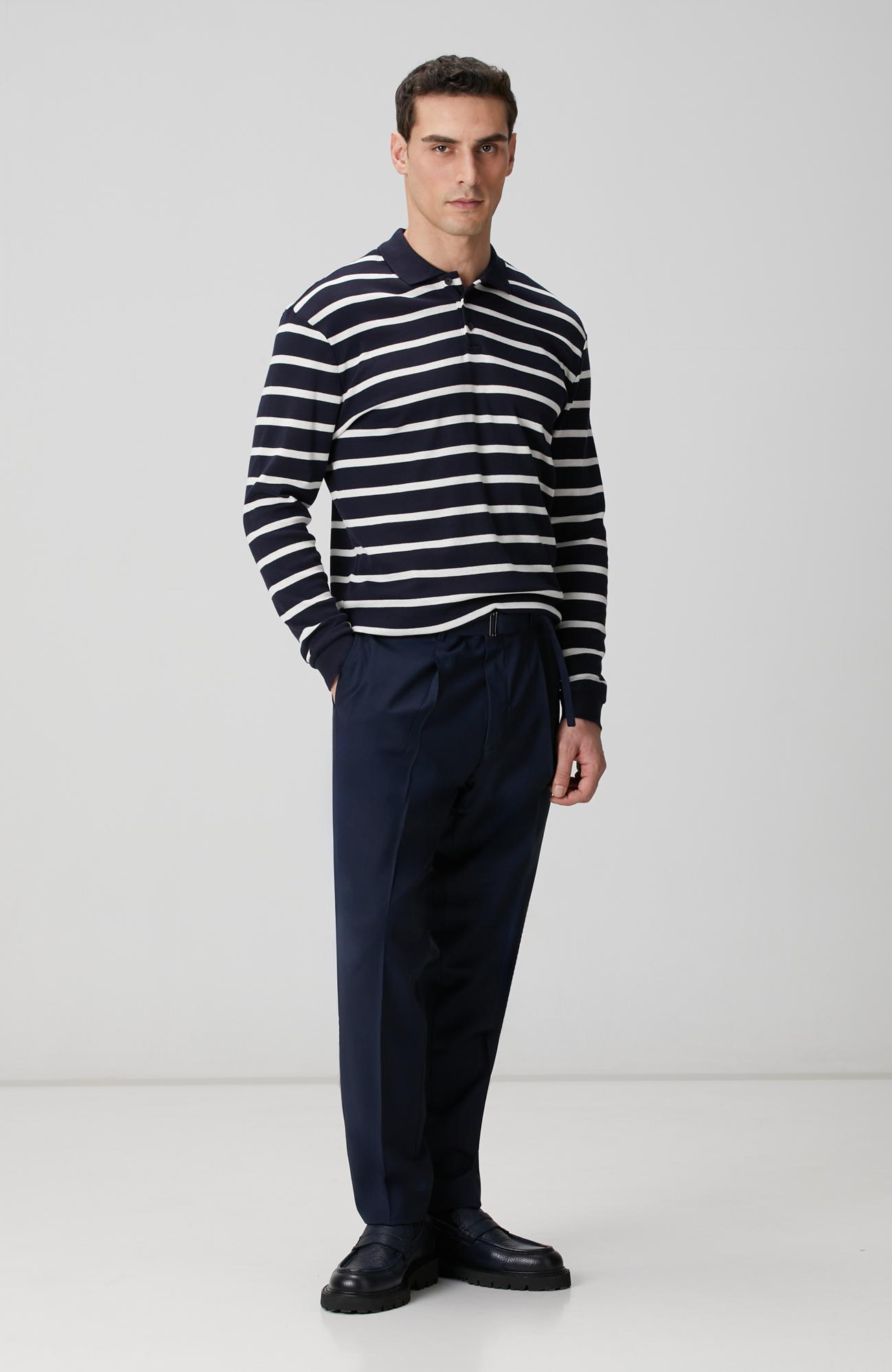 Network Erkek Lacivert Beyaz Çizgili Polo Yaka Sweatshirt