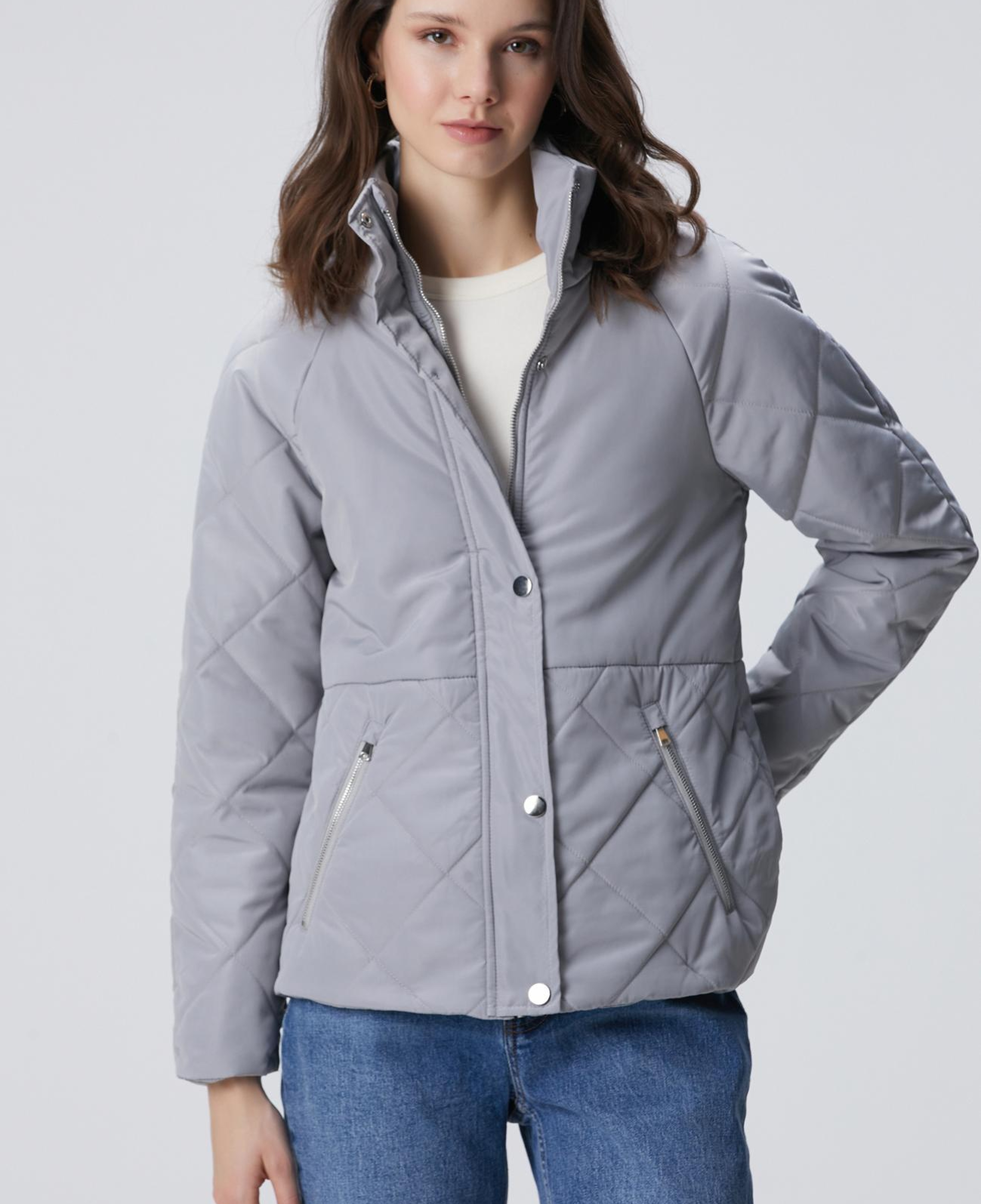 Network Kadın Gri Yarım Kapitone Detaylı Kaban