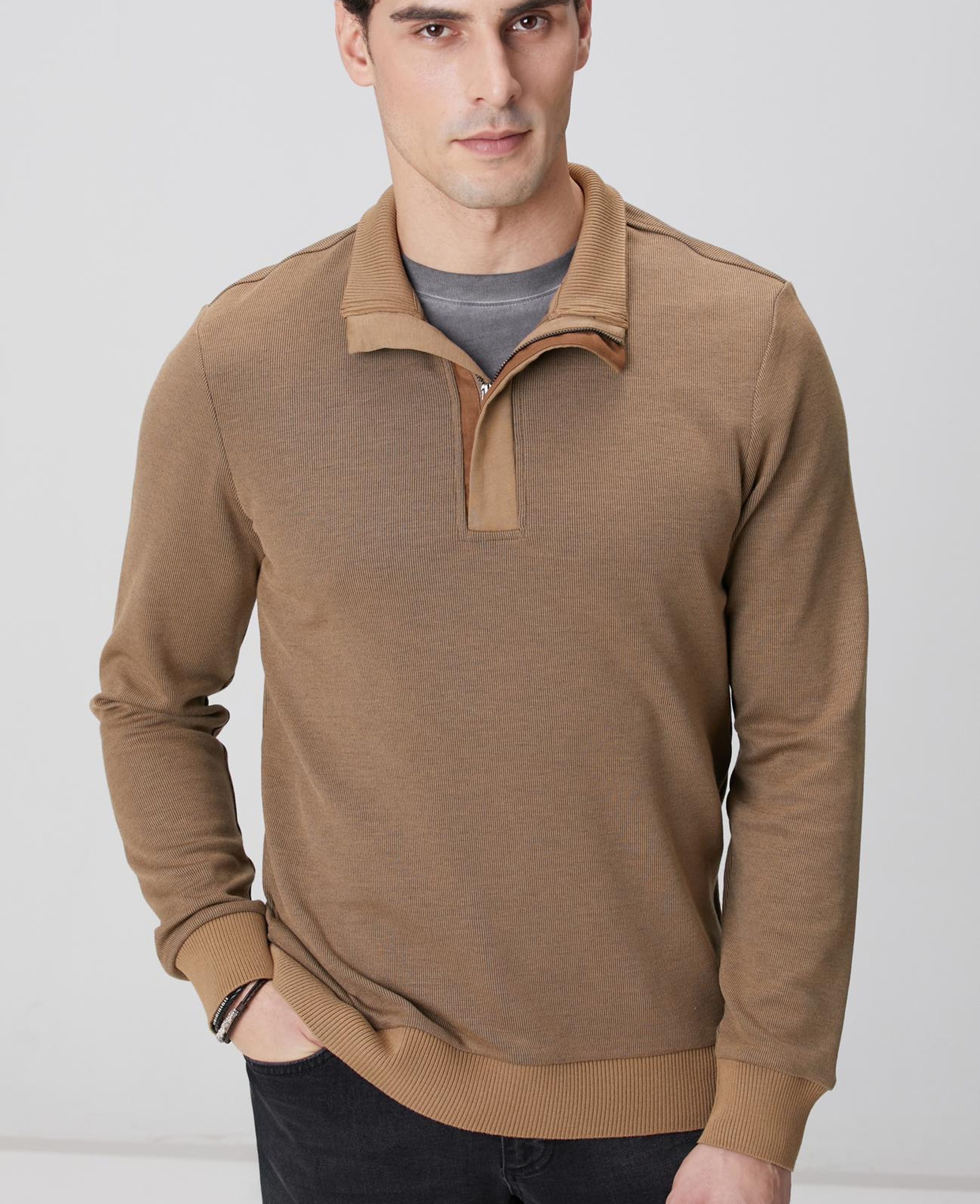 Network Erkek Camel Fermuarlı Yaka Garnili Sweatshirt