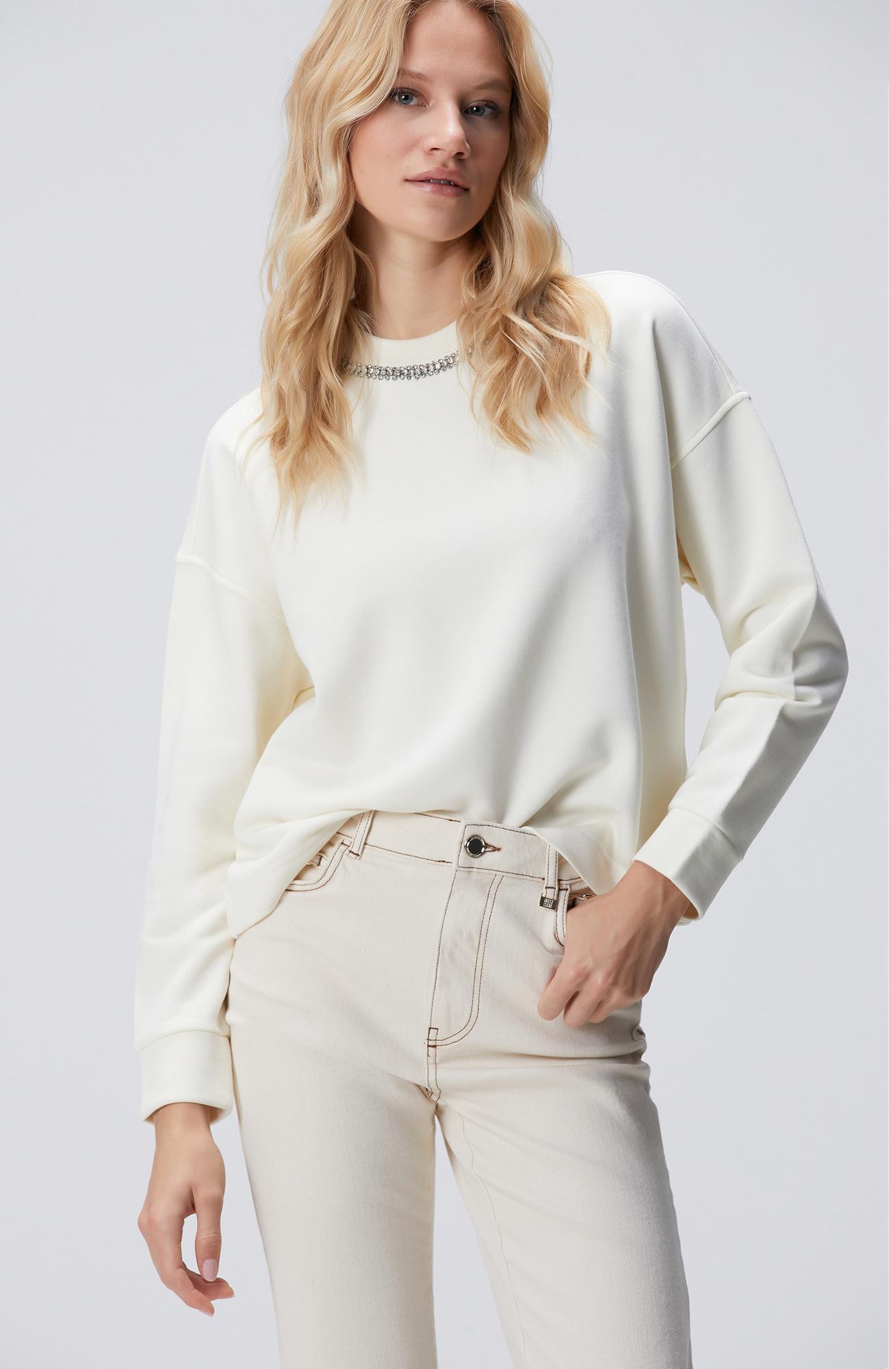 Network Kadın Kırık Beyaz Yakası Taş İşlemeli Sweatshirt