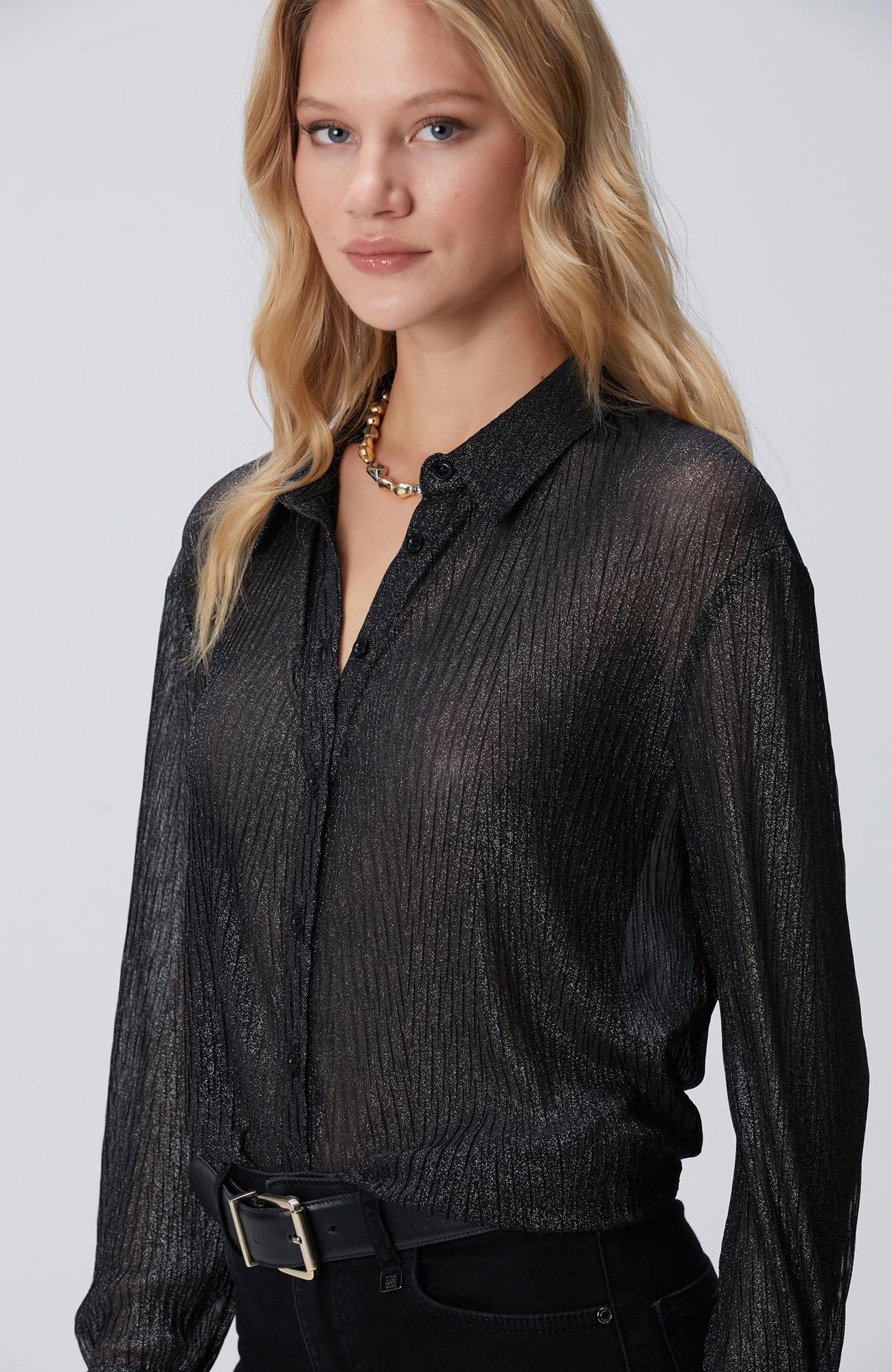 Network Kadın Siyah Simli Desenli Geniş Manşetli Gömlek