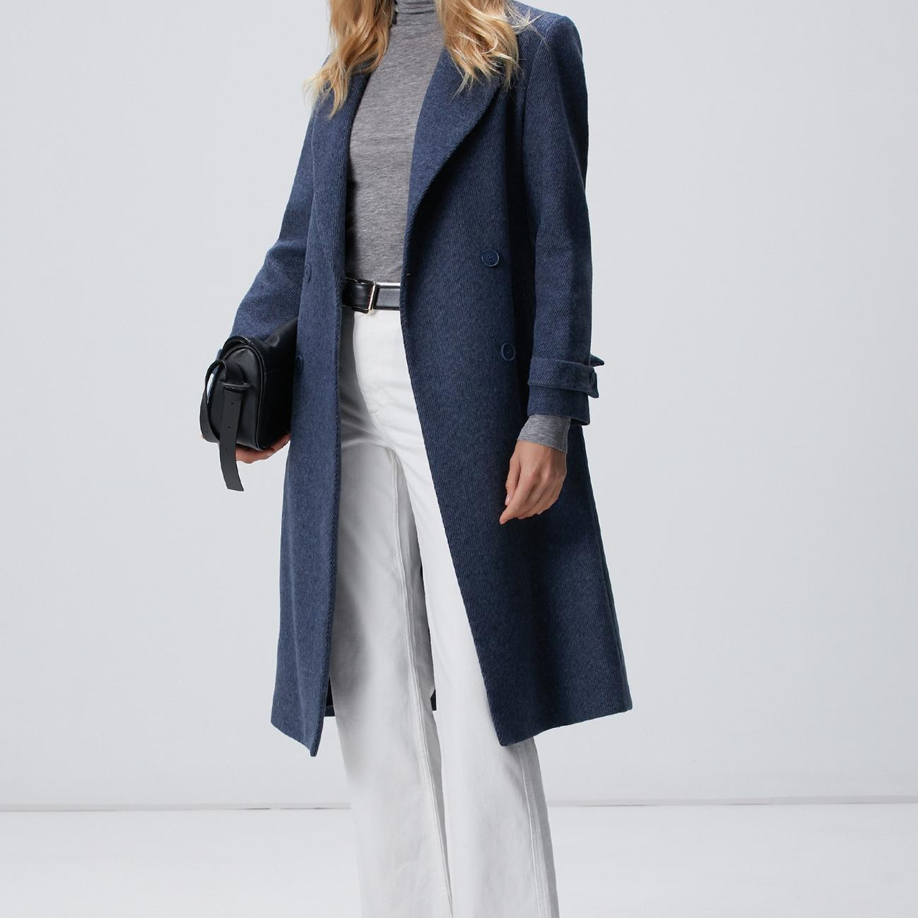 Network Kadın Lacivert Diyagonal Desen Kuşaklı Uzun Palto