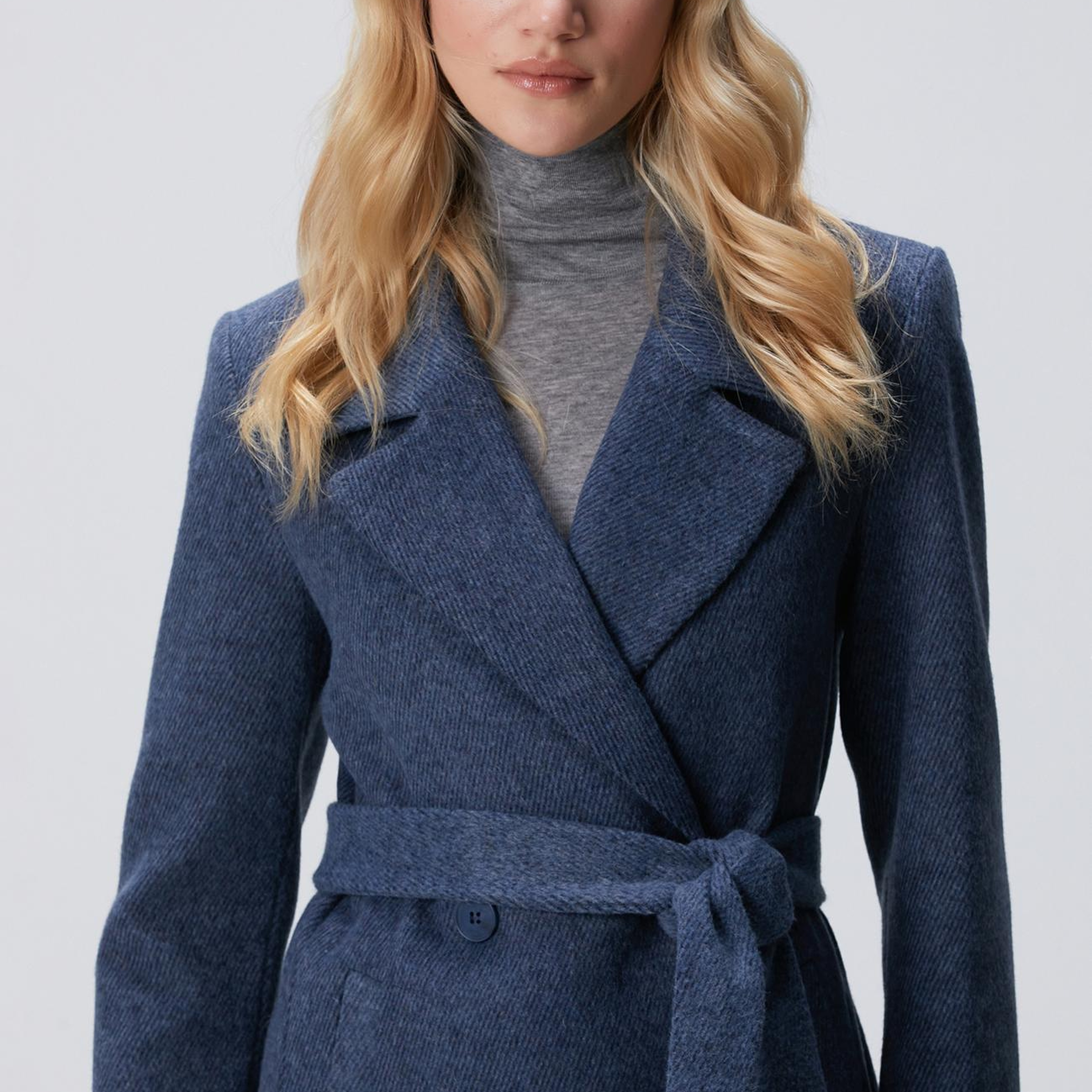 Network Kadın Lacivert Diyagonal Desen Kuşaklı Uzun Palto