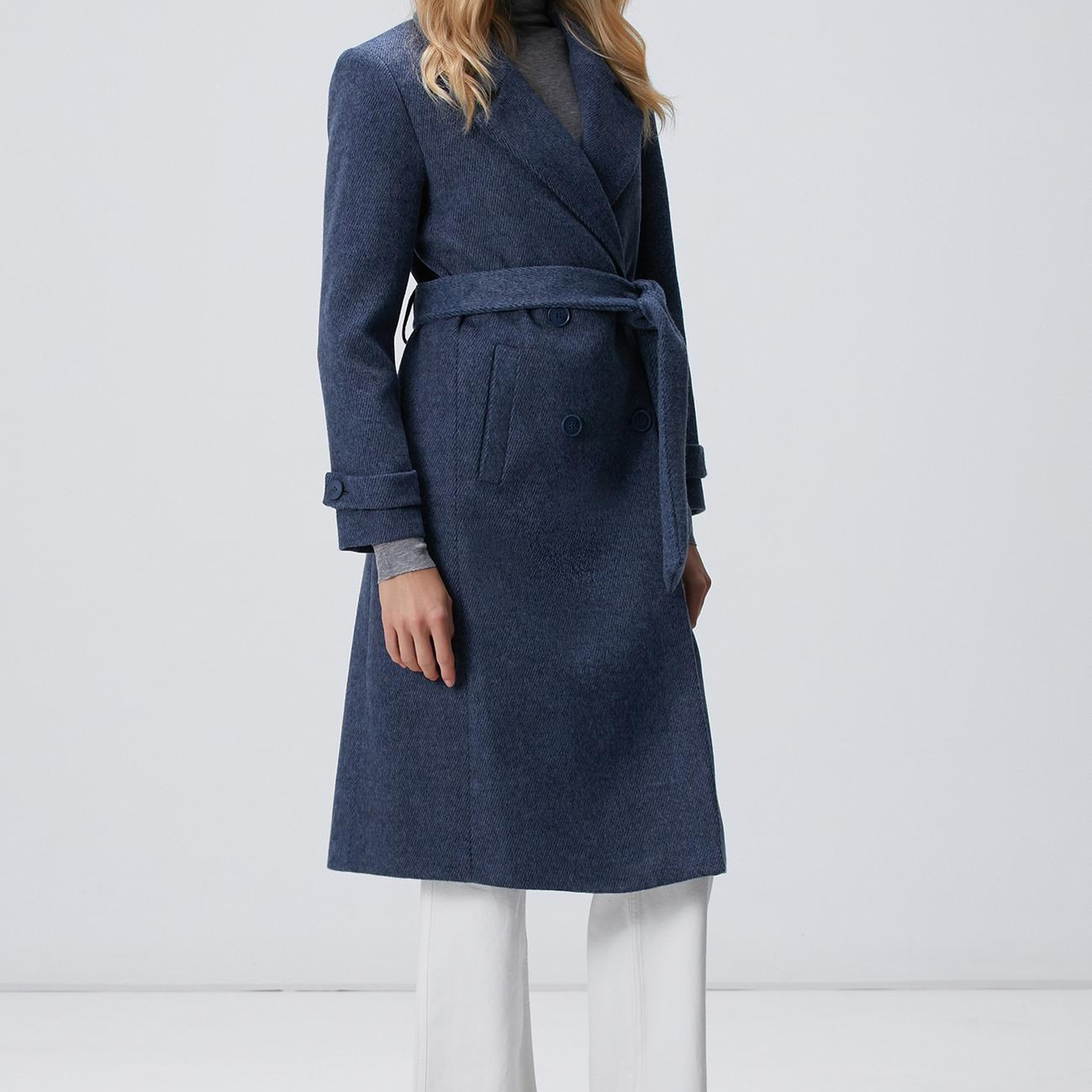 Network Kadın Lacivert Diyagonal Desen Kuşaklı Uzun Palto