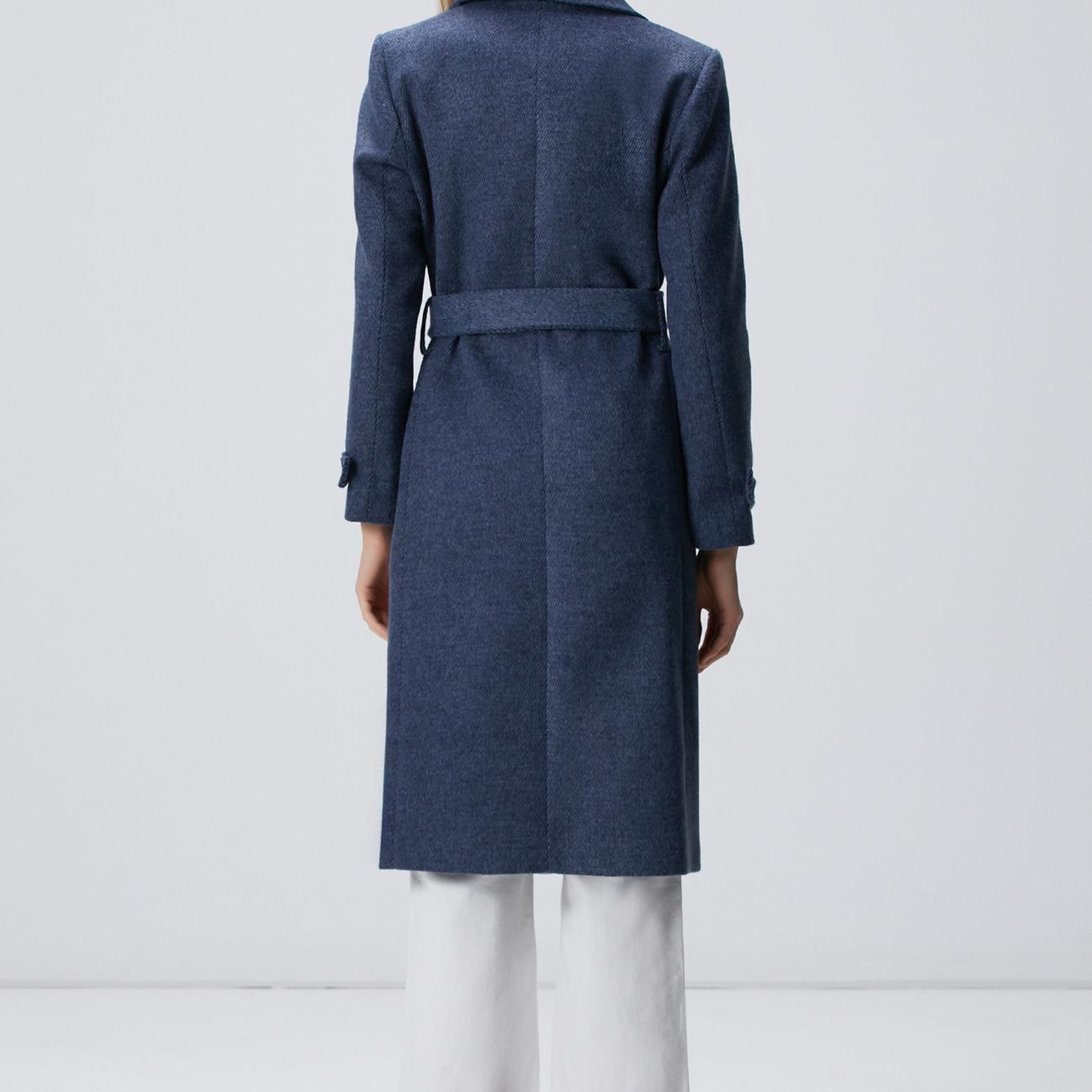 Network Kadın Lacivert Diyagonal Desen Kuşaklı Uzun Palto