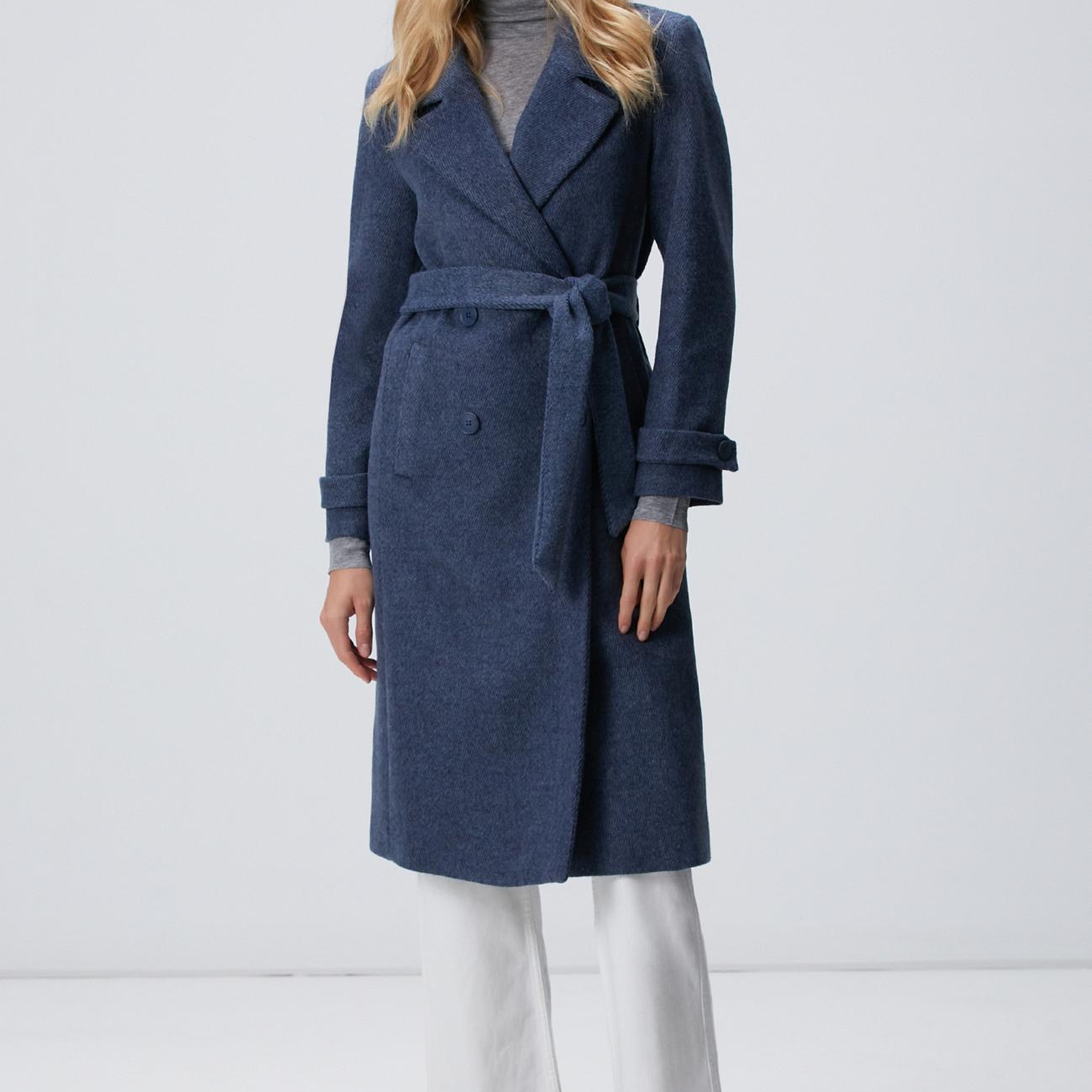 Network Kadın Lacivert Diyagonal Desen Kuşaklı Uzun Palto