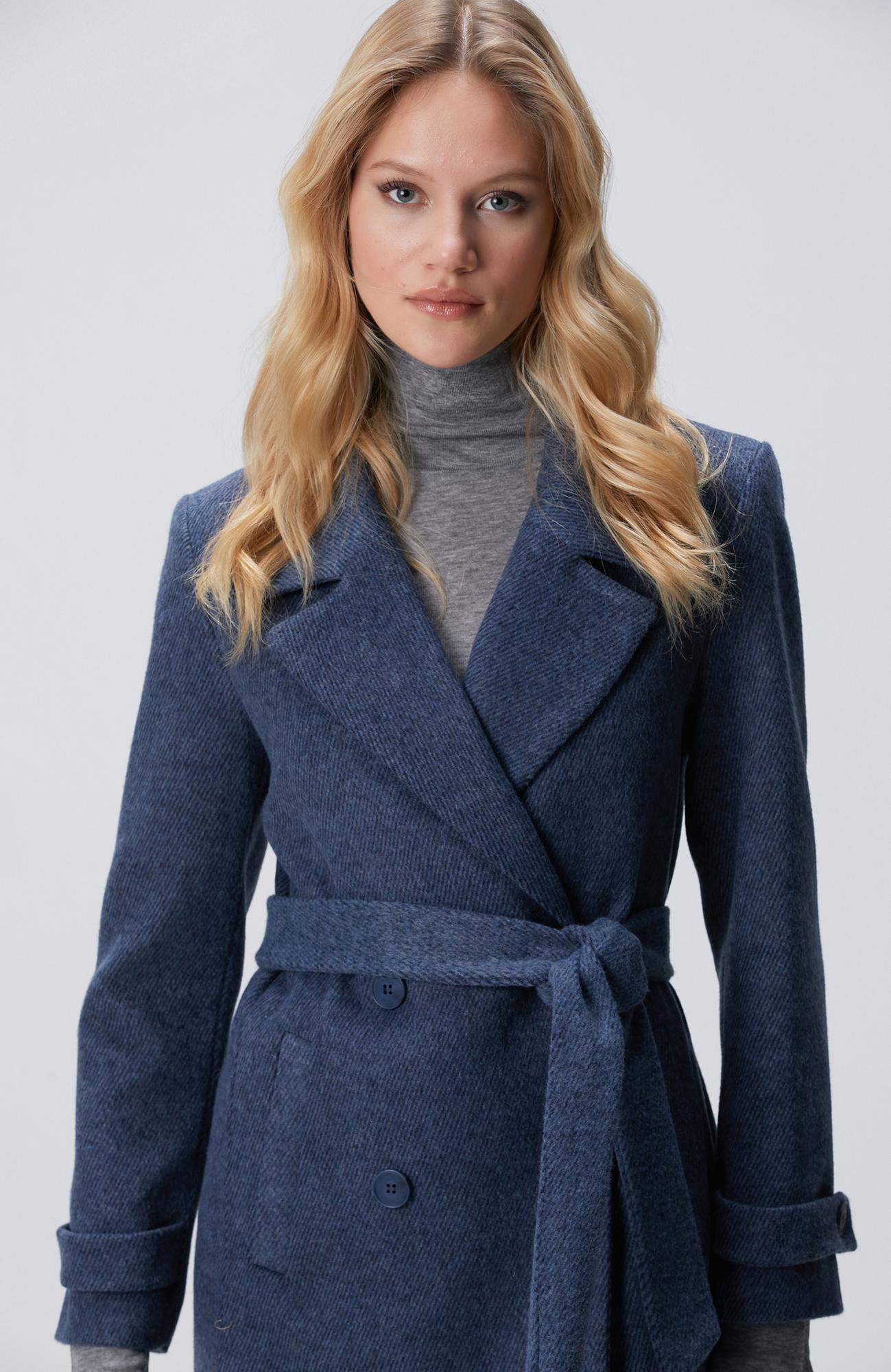 Network Kadın Lacivert Diyagonal Desen Kuşaklı Uzun Palto