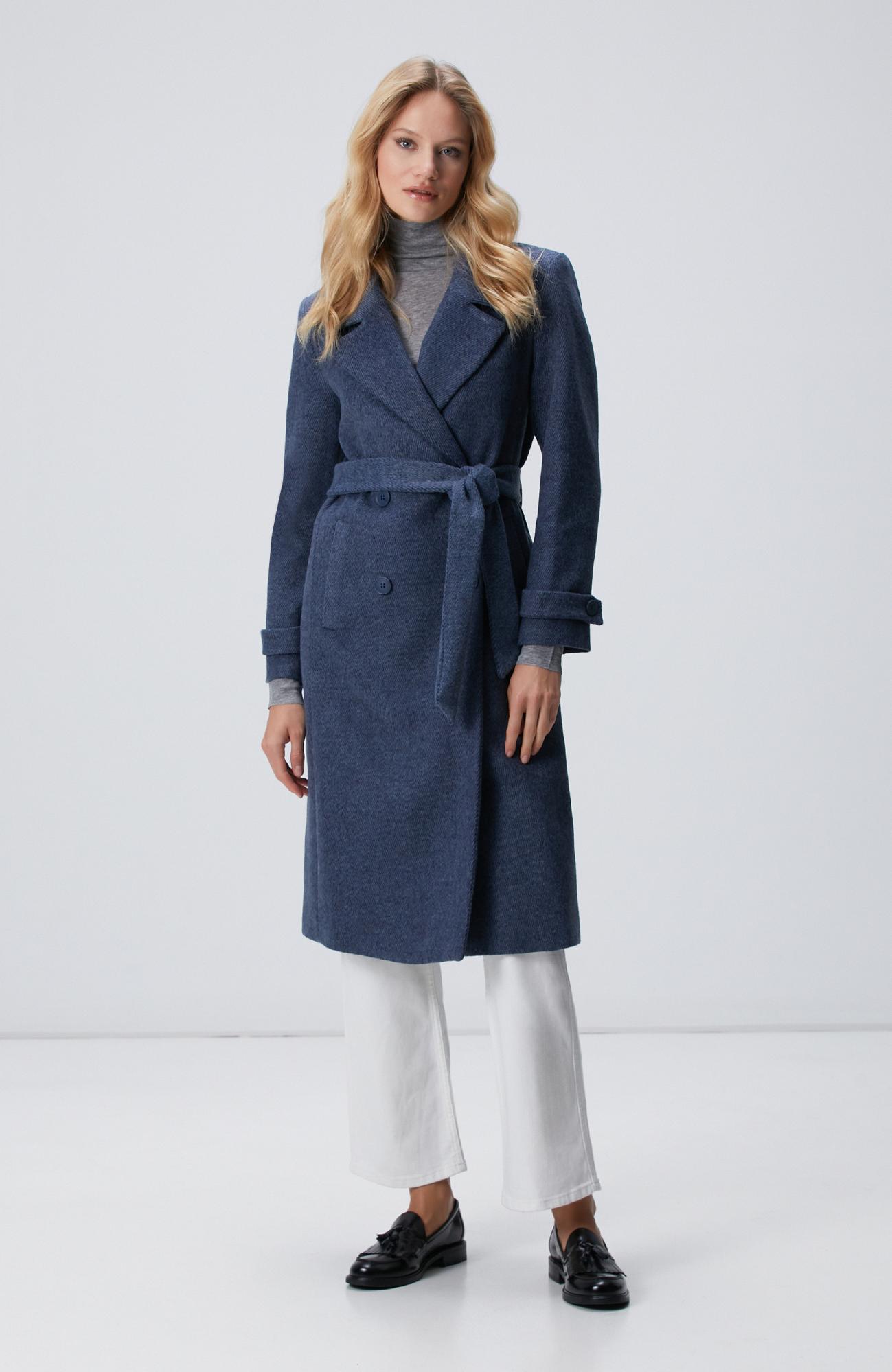 Network Kadın Lacivert Diyagonal Desen Kuşaklı Uzun Palto