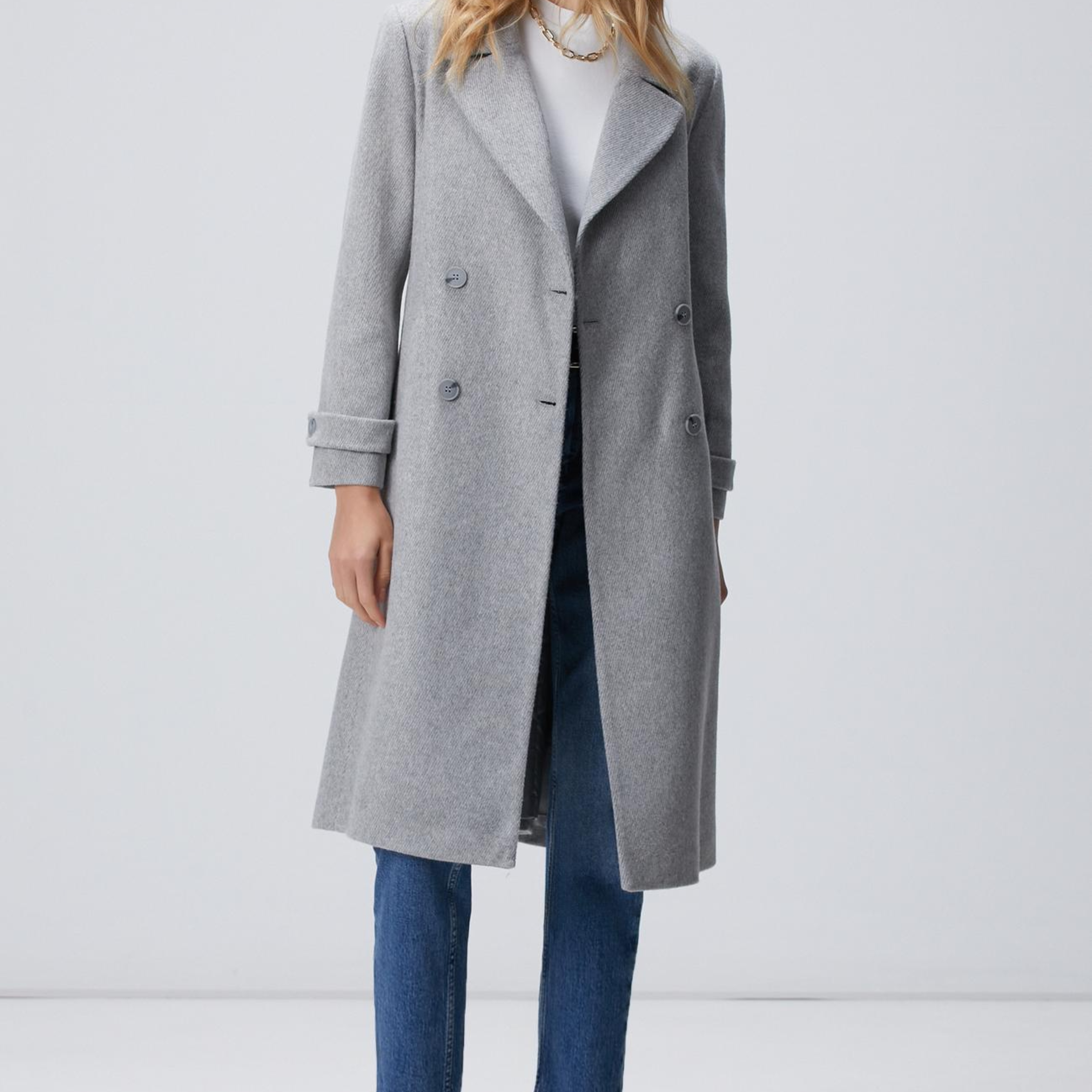 Network Kadın Gri Diyagonal Desen Kuşaklı Uzun Palto