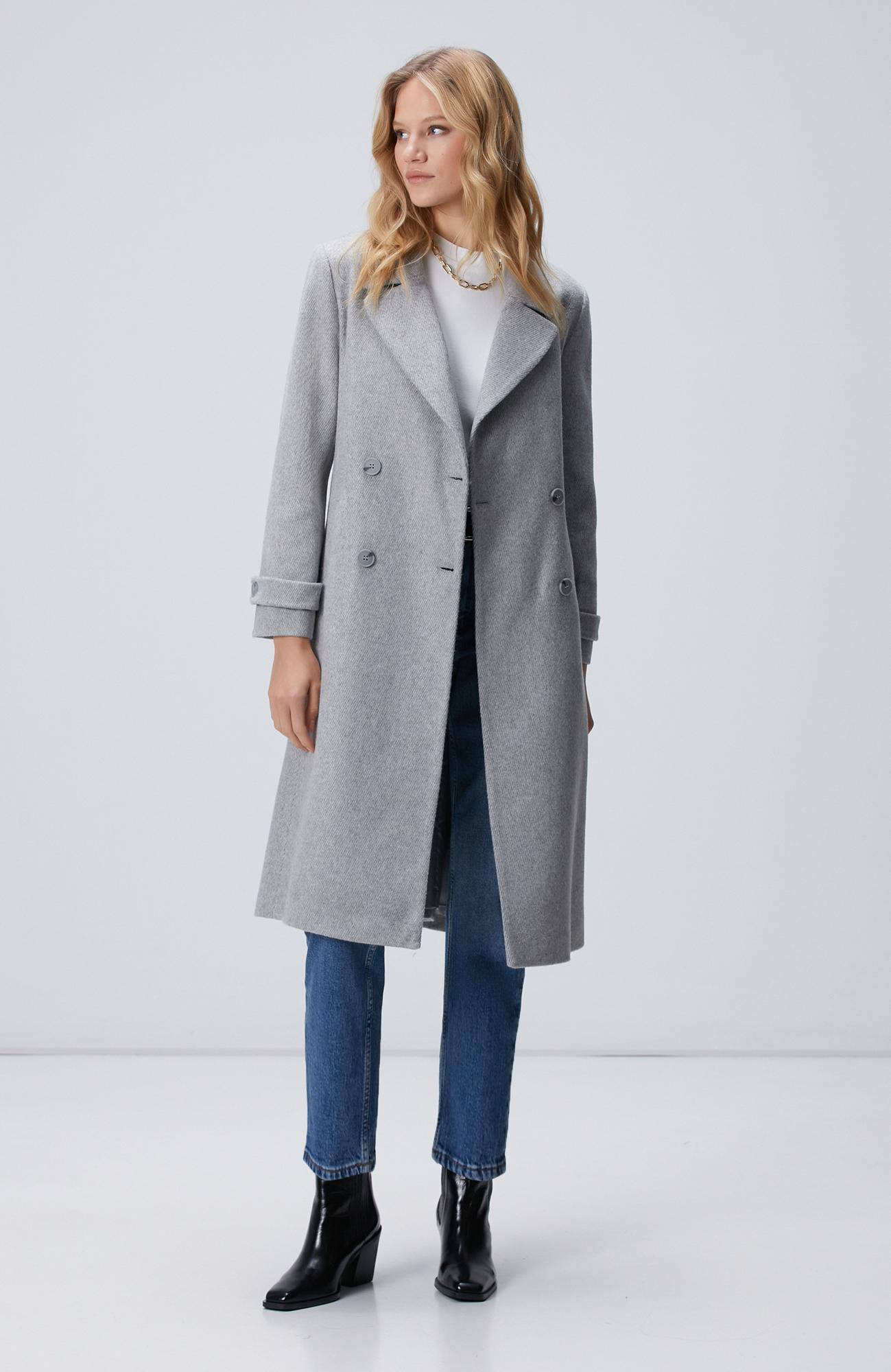 Network Kadın Gri Diyagonal Desen Kuşaklı Uzun Palto