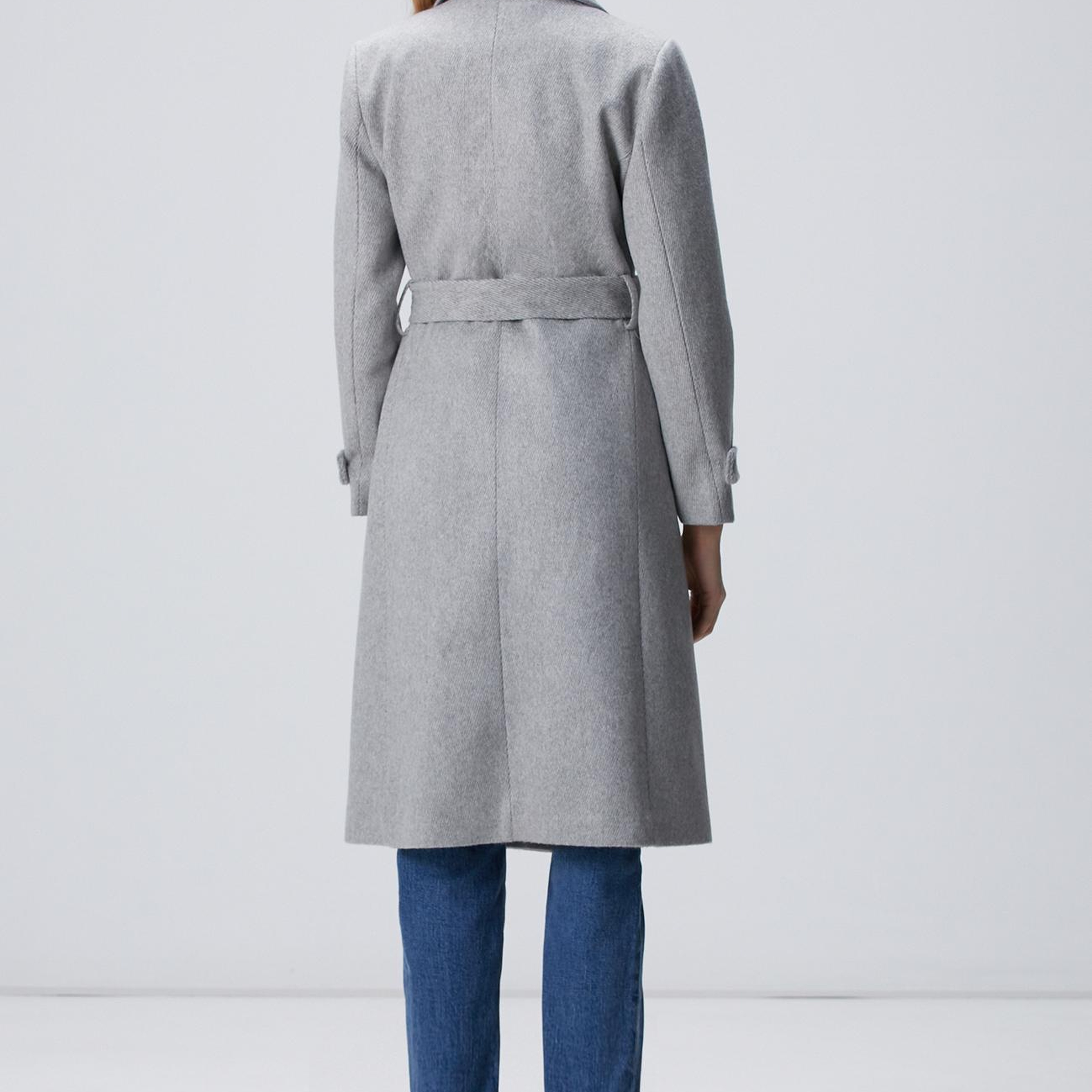 Network Kadın Gri Diyagonal Desen Kuşaklı Uzun Palto