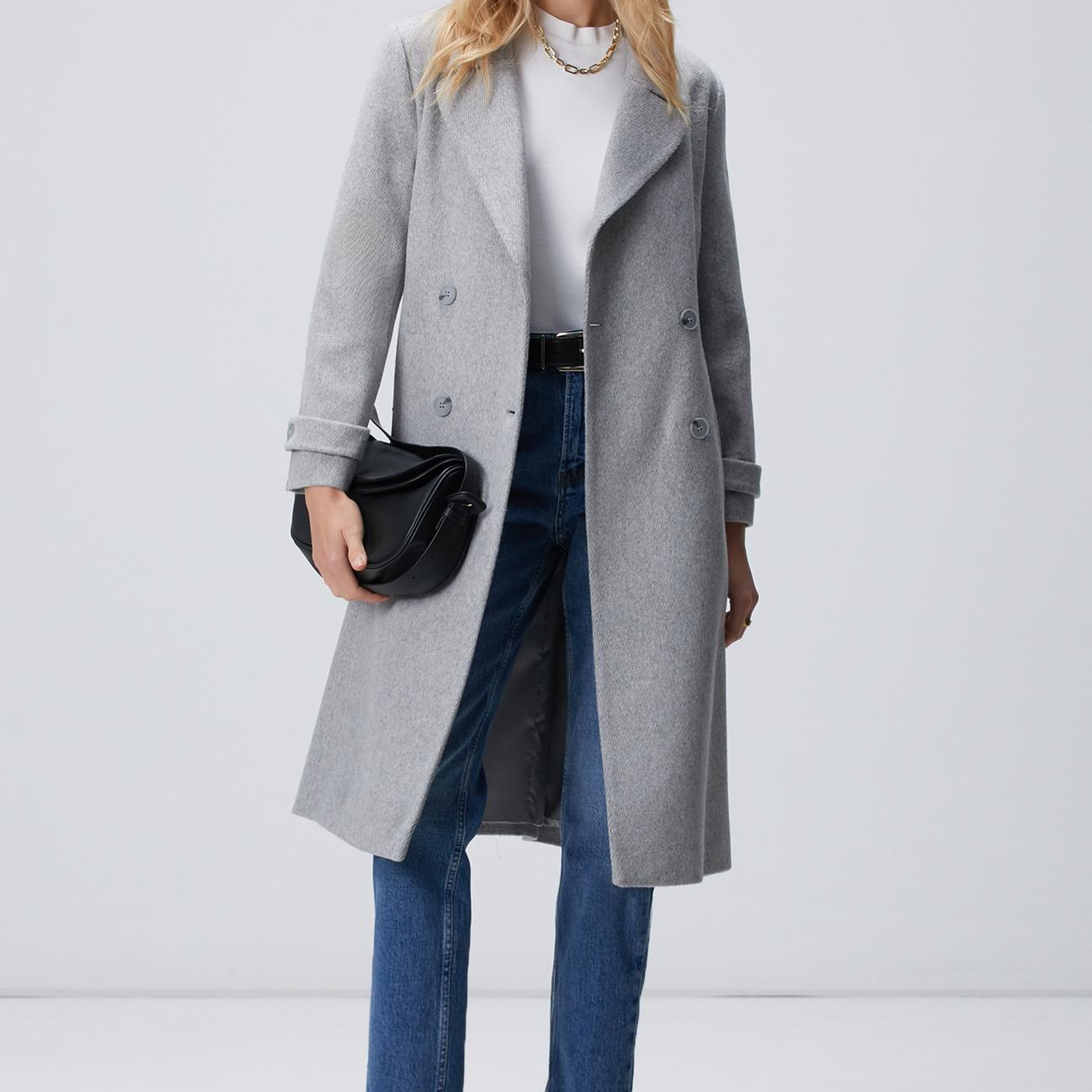 Network Kadın Gri Diyagonal Desen Kuşaklı Uzun Palto