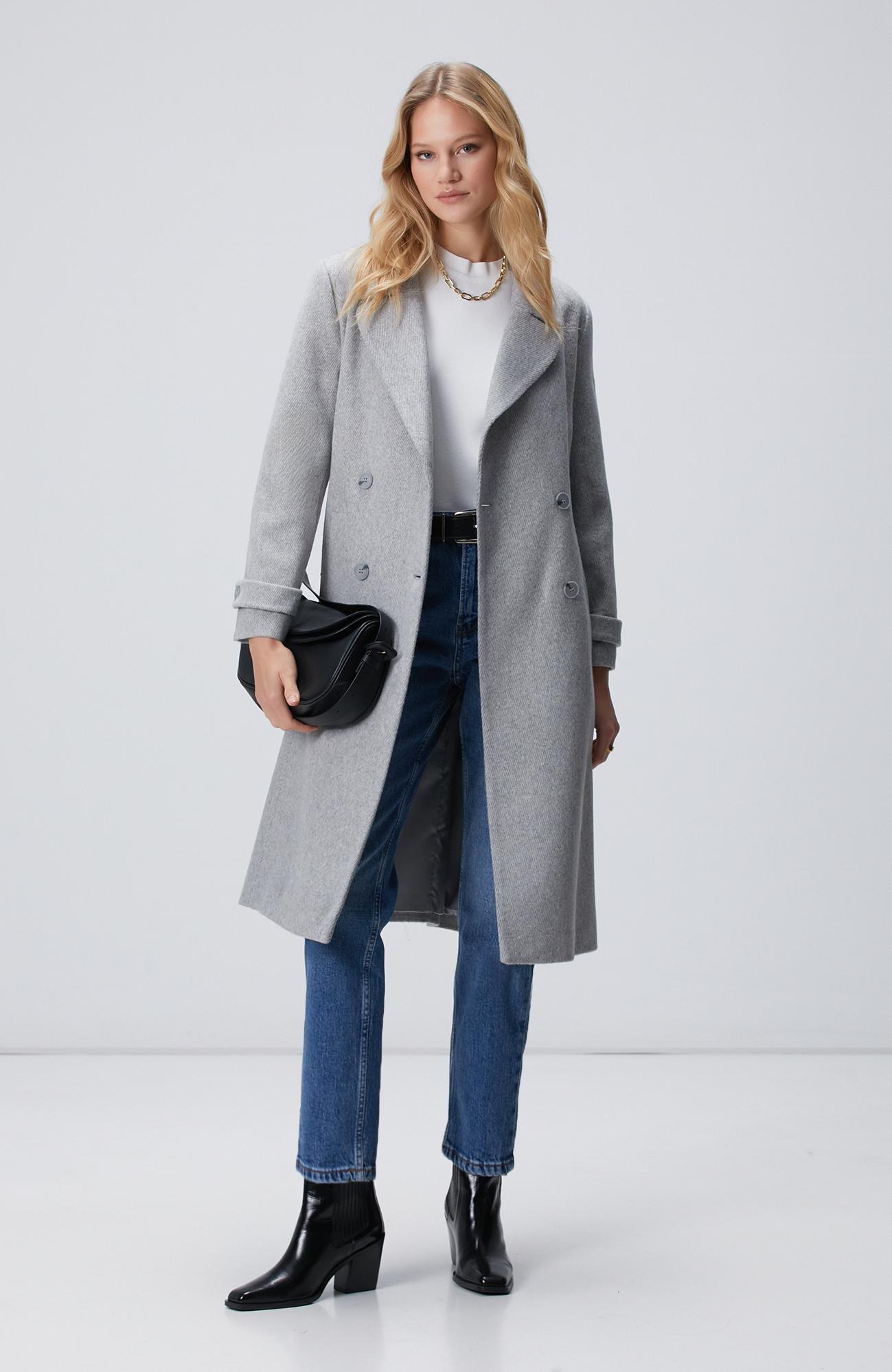 Network Kadın Gri Diyagonal Desen Kuşaklı Uzun Palto