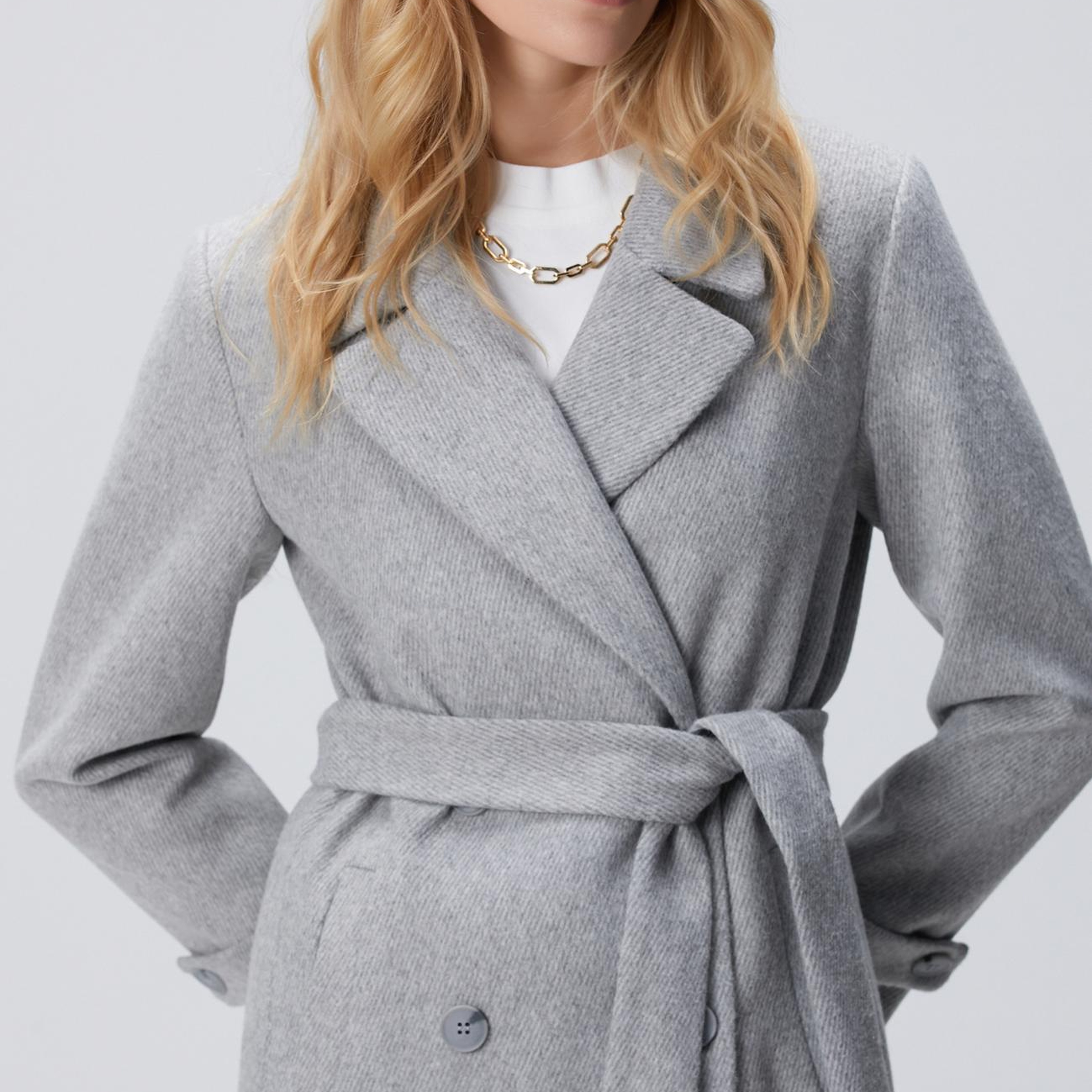 Network Kadın Gri Diyagonal Desen Kuşaklı Uzun Palto