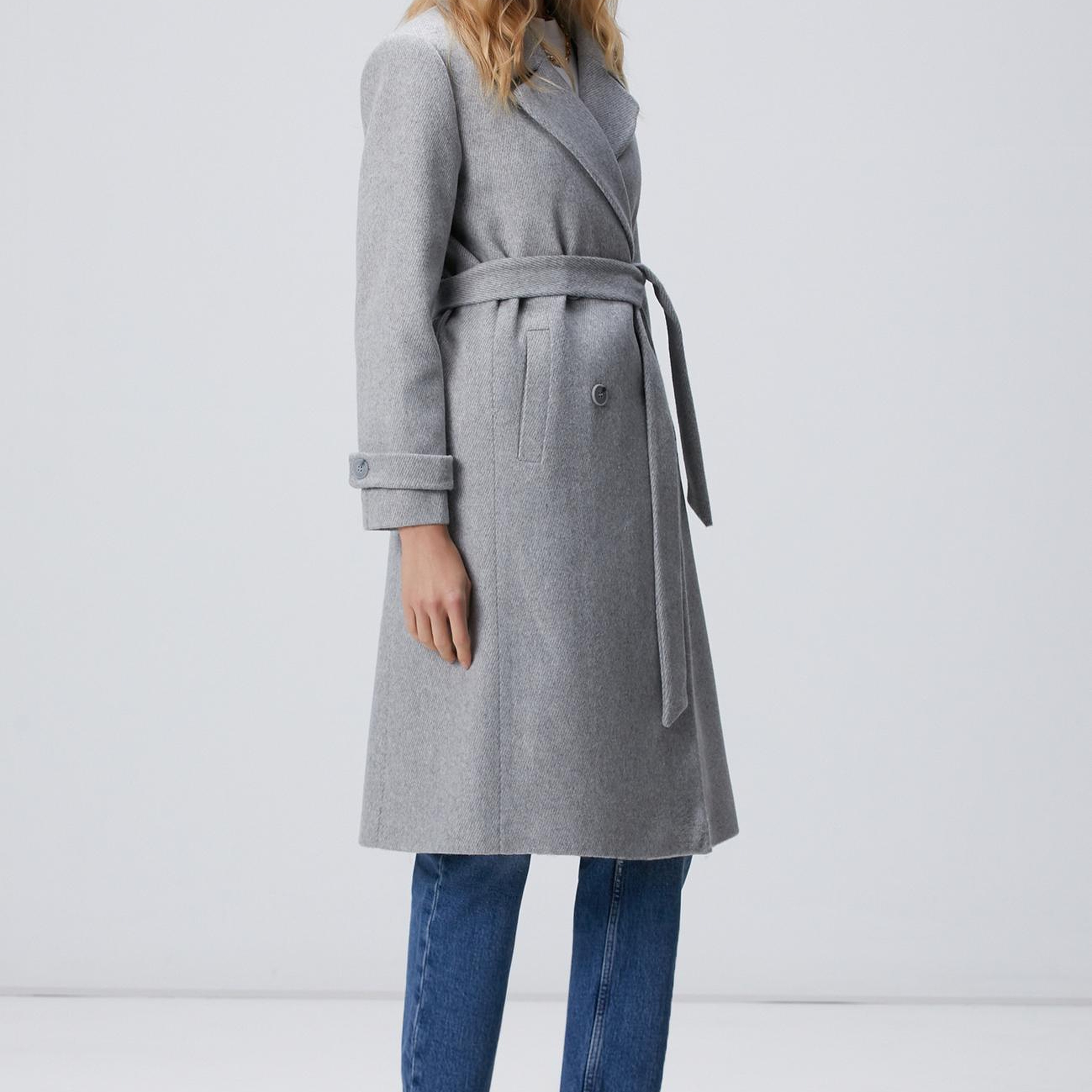 Network Kadın Gri Diyagonal Desen Kuşaklı Uzun Palto