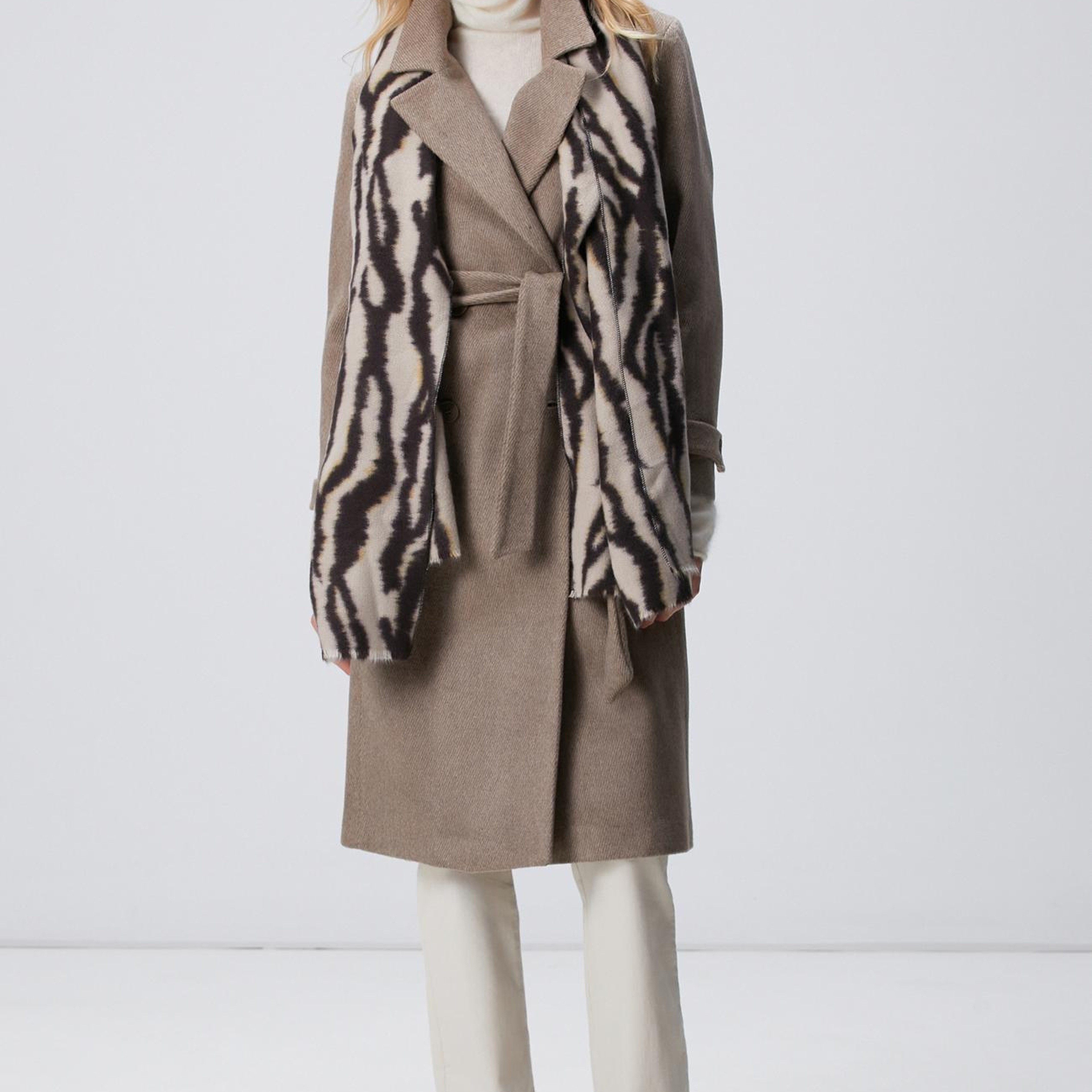 Network Kadın Vizon Diyagonal Desen Kuşaklı Uzun Palto