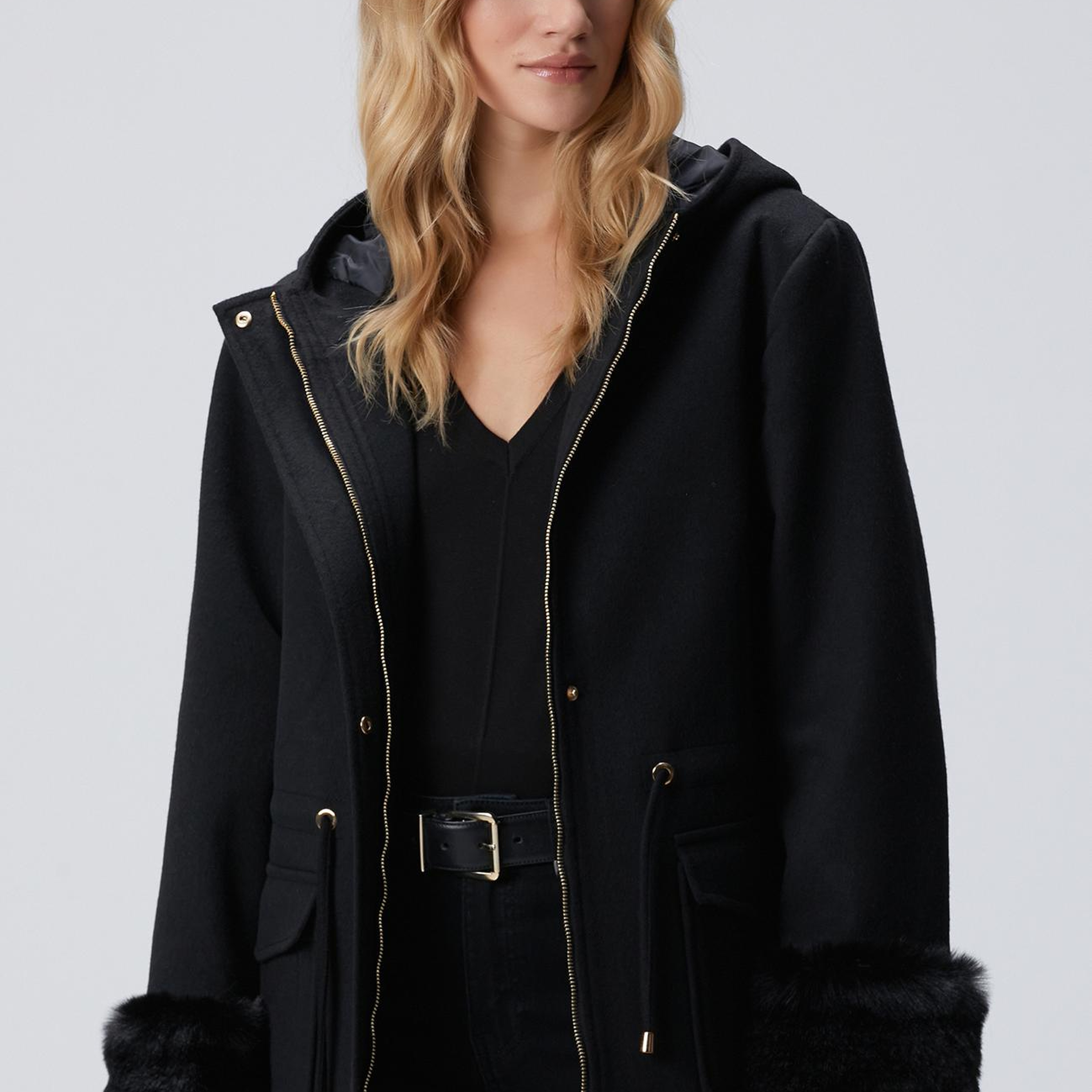 Network Kadın Siyah Kapüşonlu Manto