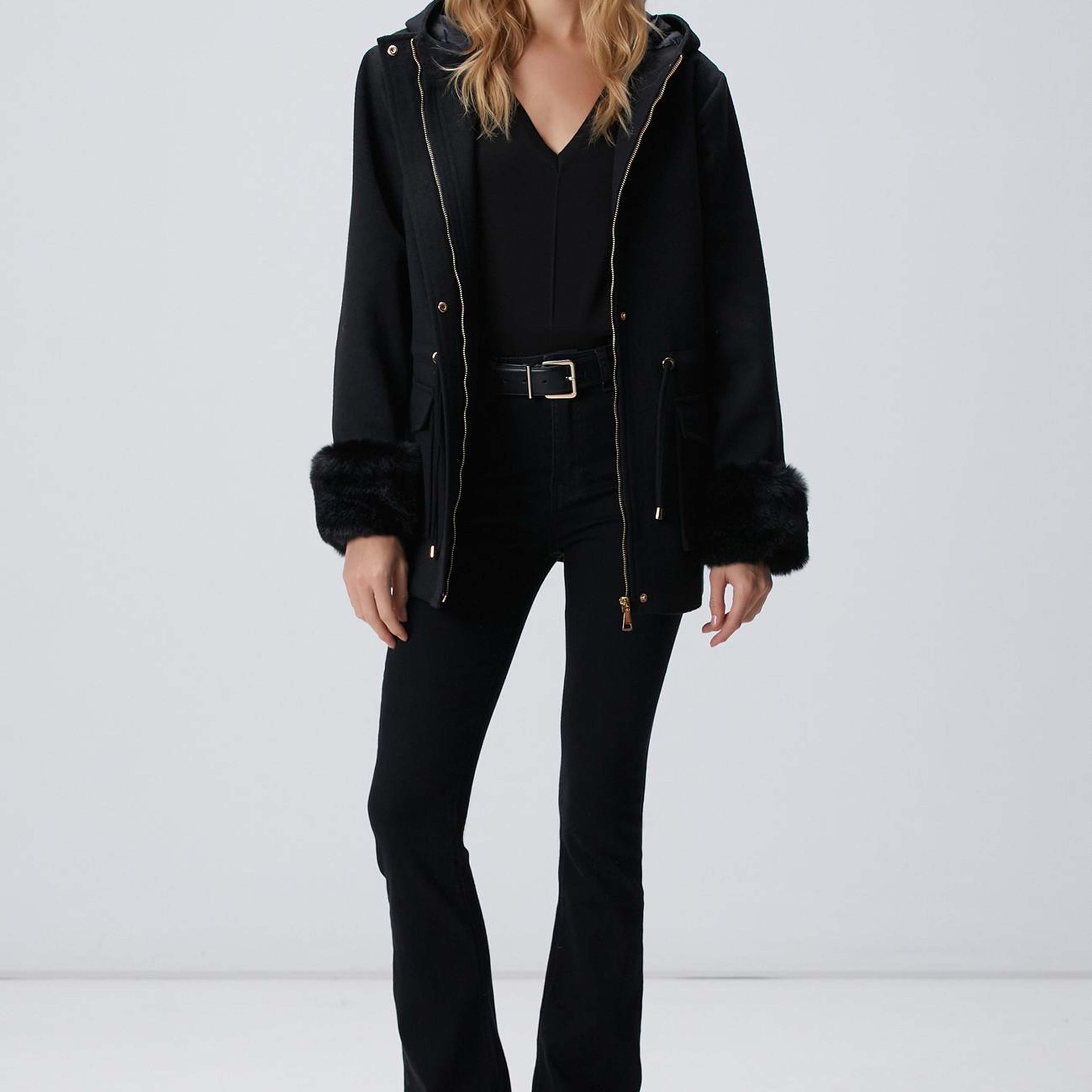 Network Kadın Siyah Kapüşonlu Manto