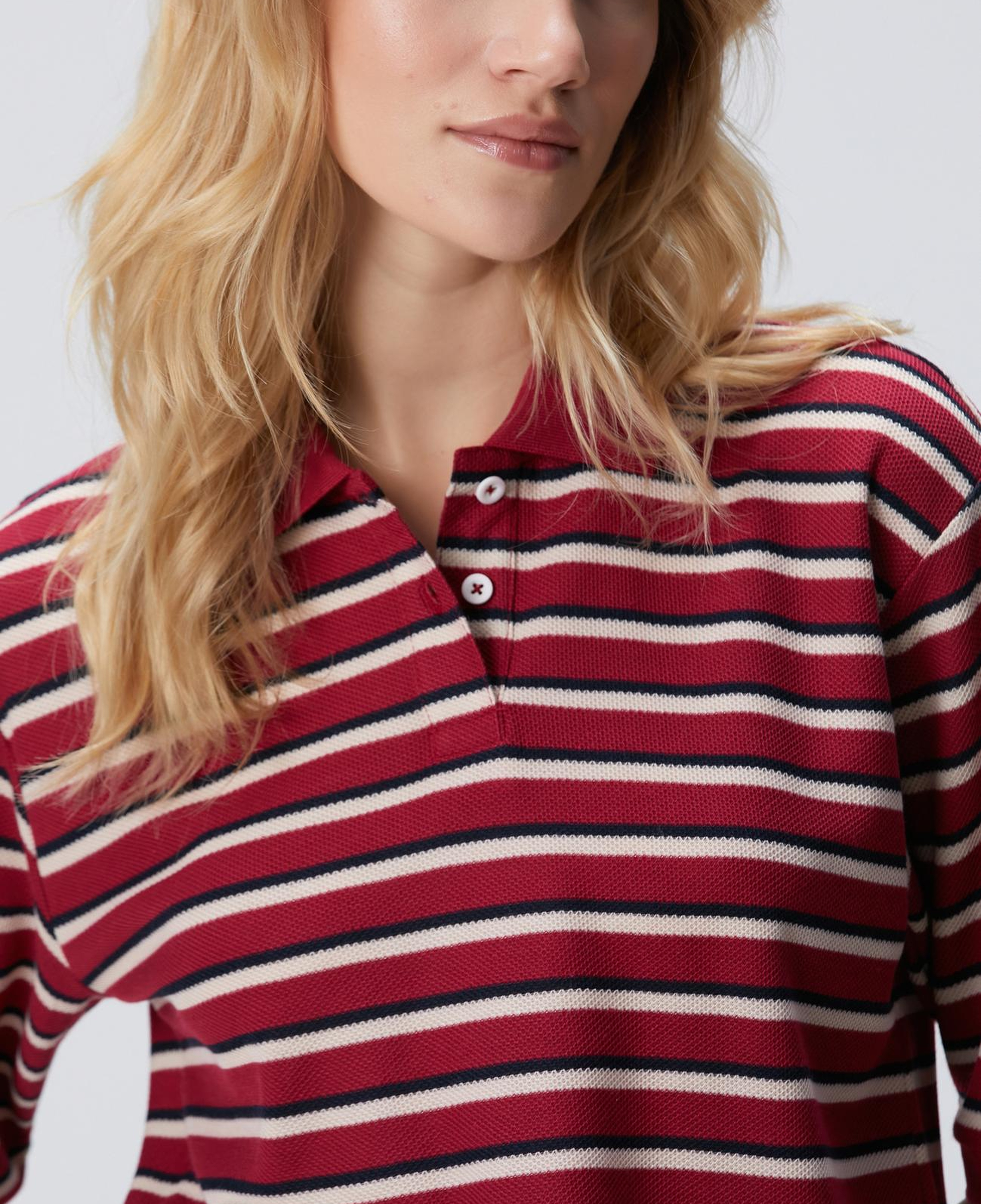 Network Kadın Kırmızı Yarım Kol Çizgili Pike Polo Sweatshirt