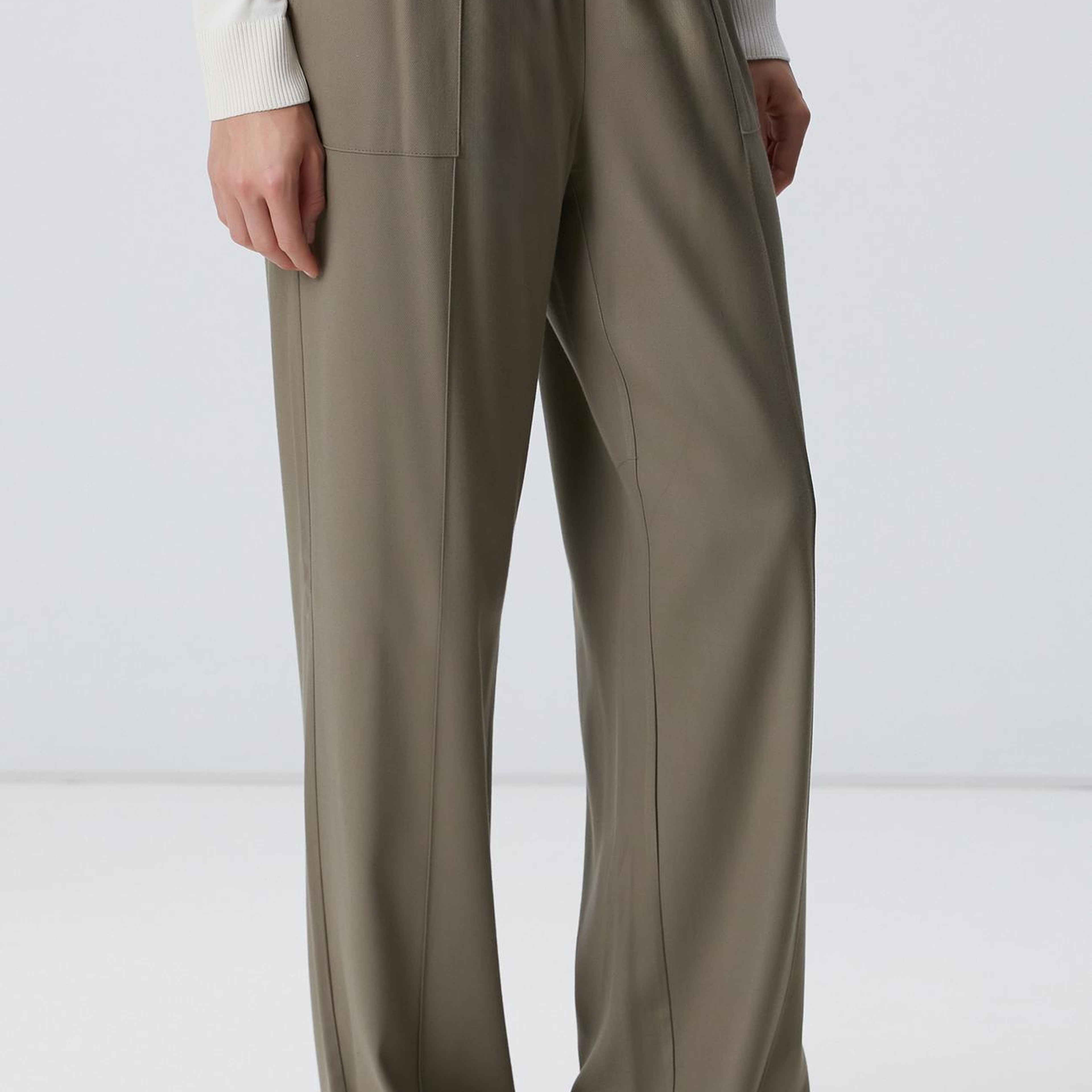 Network Kadın Haki İnce Diyagonal Desenli Tencel Pantolon