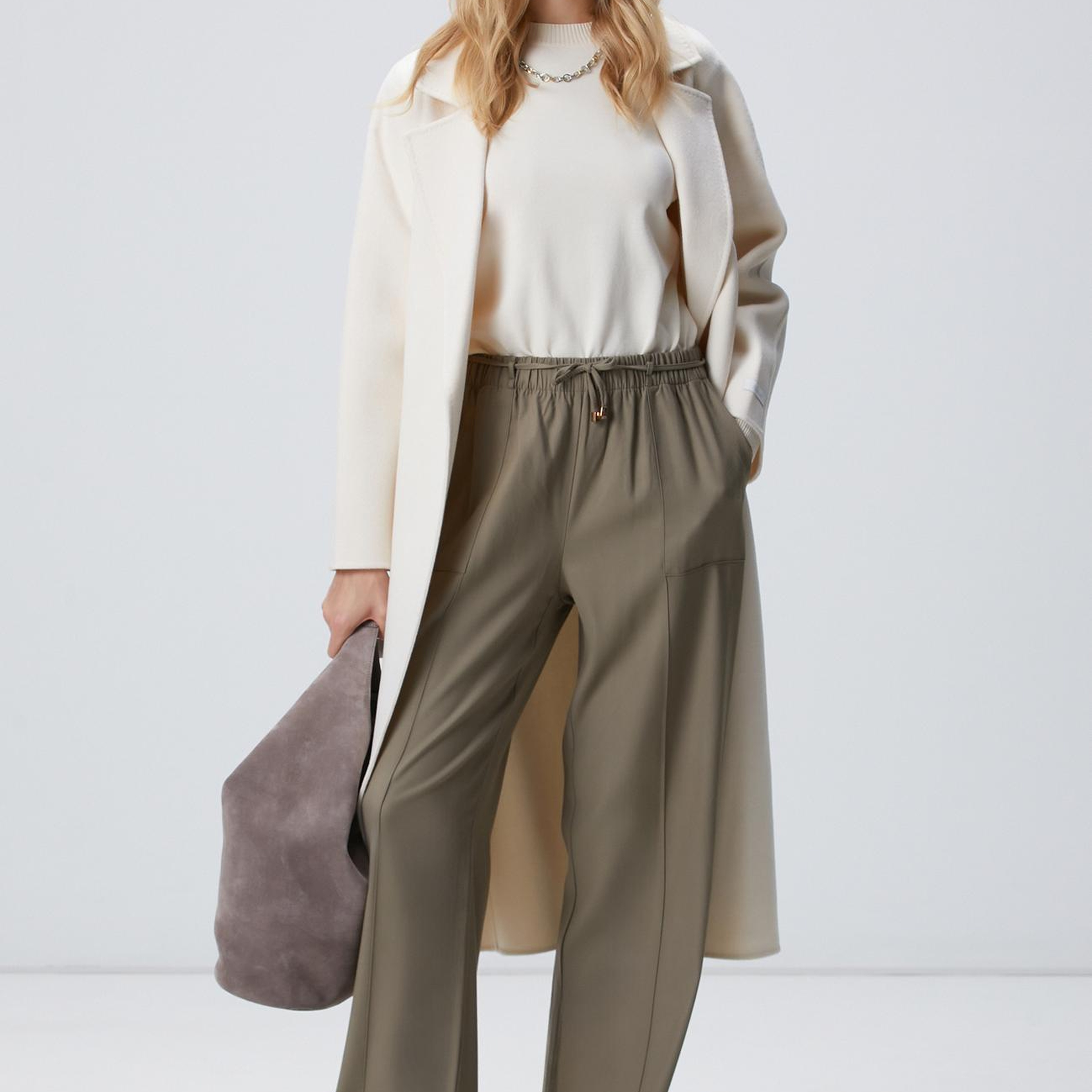 Network Kadın Haki İnce Diyagonal Desenli Tencel Pantolon