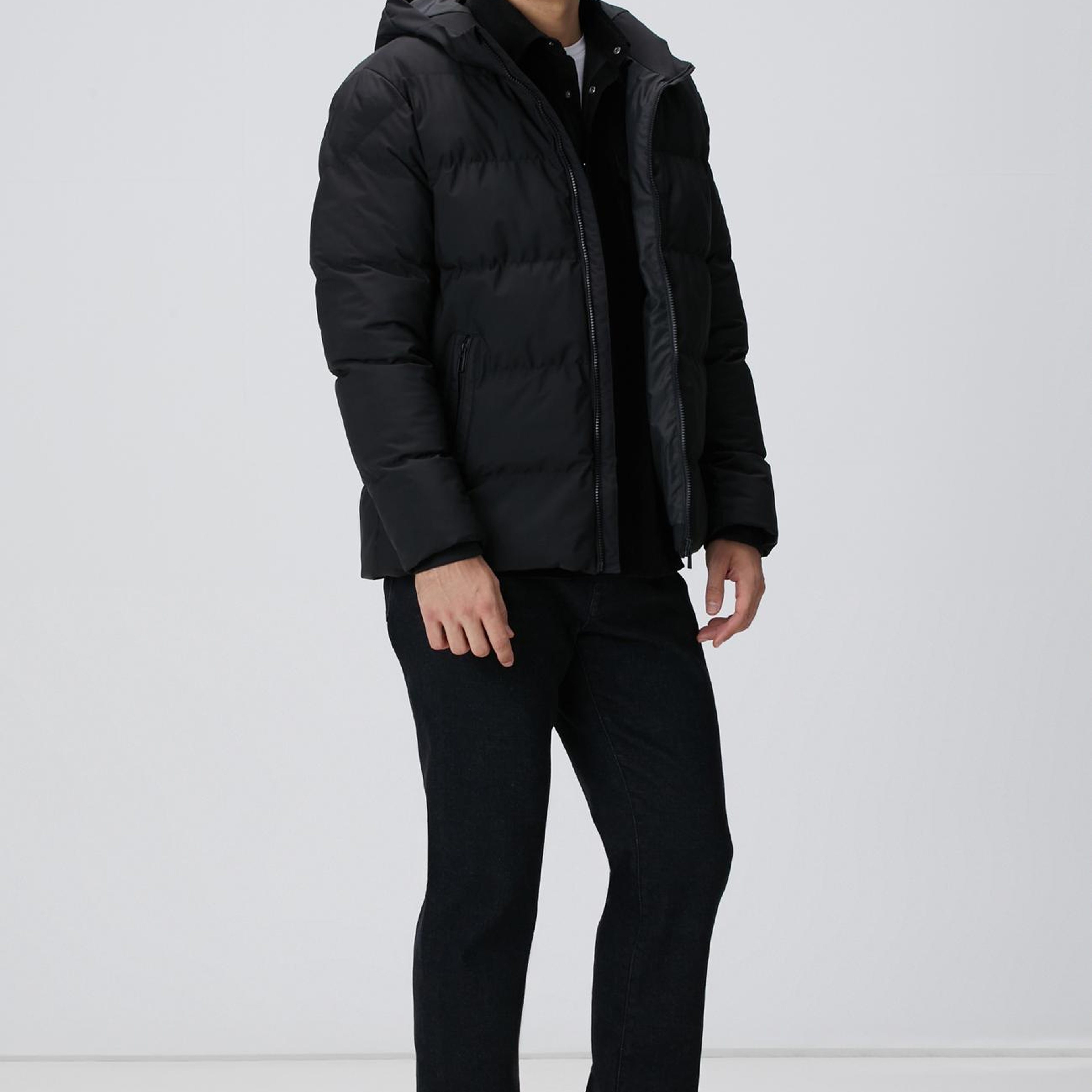 Network Erkek Siyah Kapüşonlu Puffer Mont