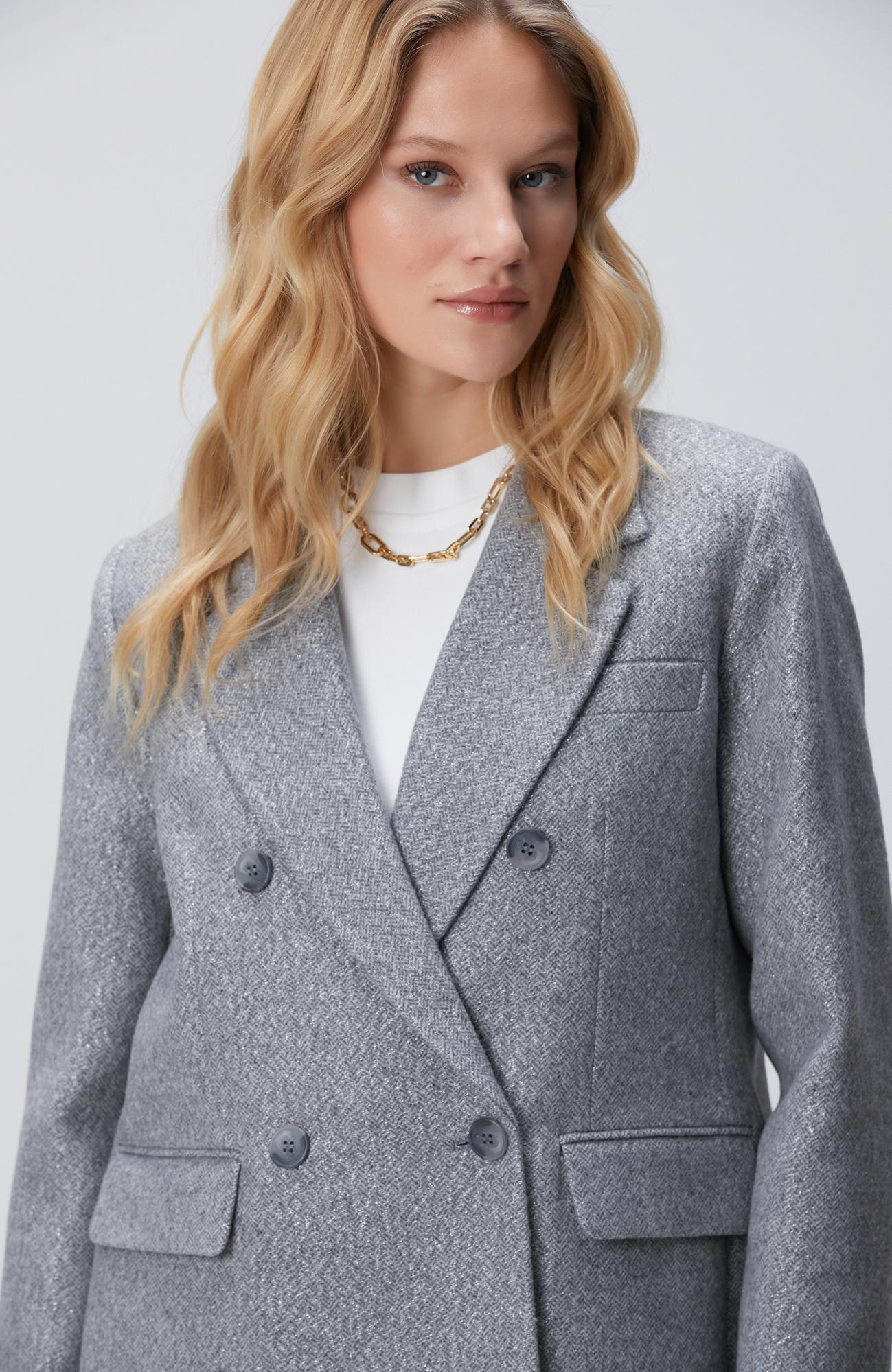 Network Kadın Antrasit Balıksırtı Desenli Kruvaze Ceket