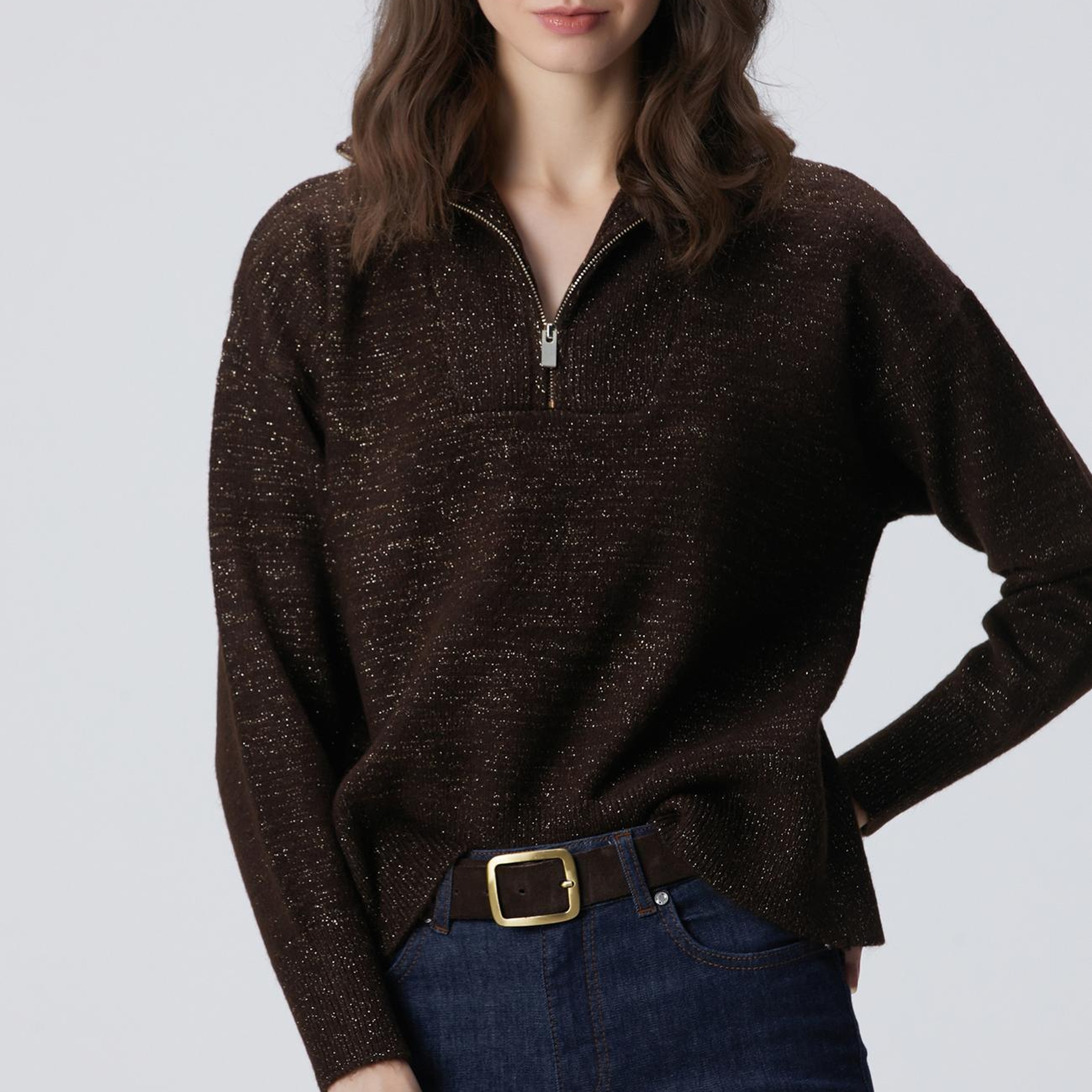 Network Kadın Kahverengi Dik Yaka Fermuarlı Simli İp Kazak