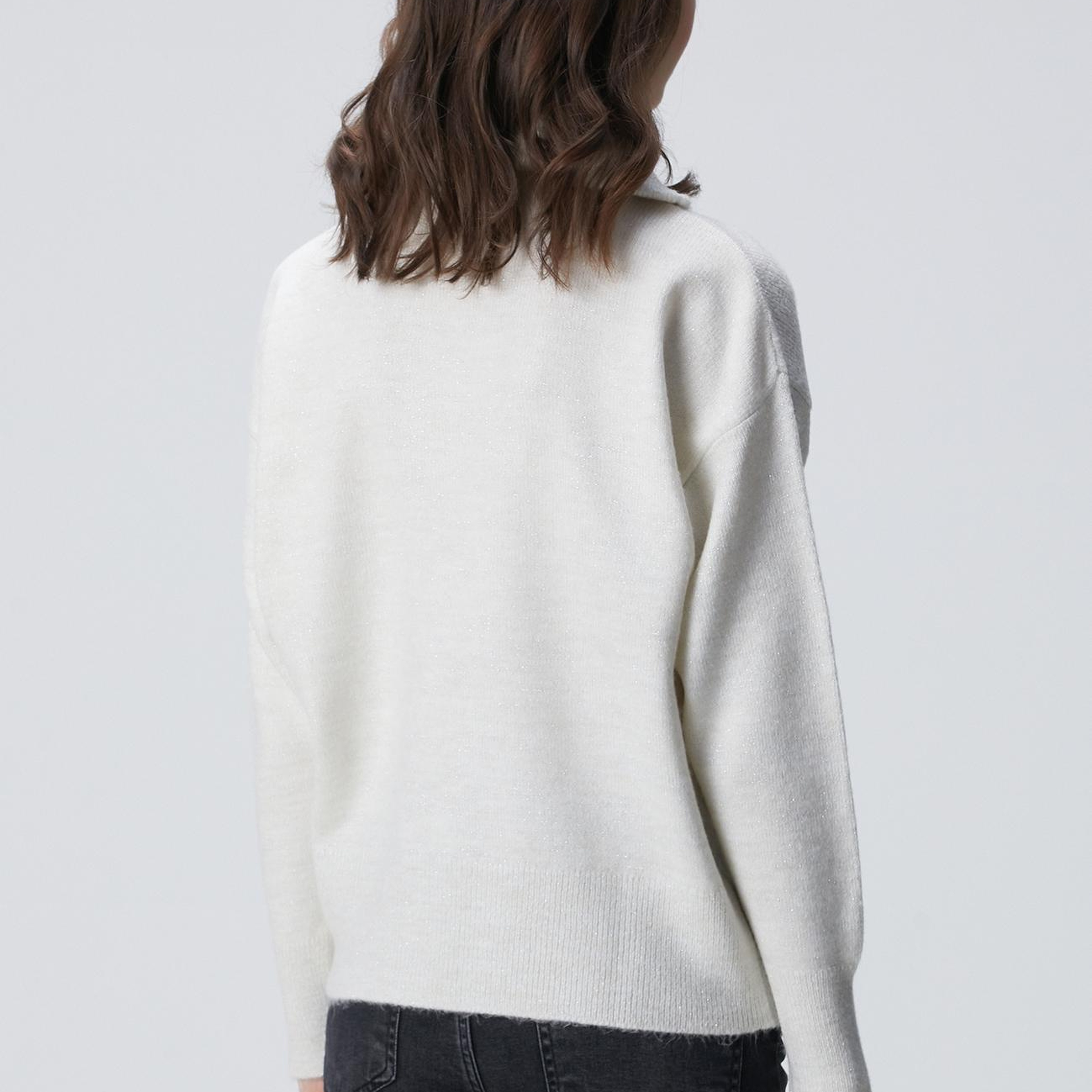 Network Kadın Kırık Beyaz Dik Yaka Fermuarlı Simli İp Kazak