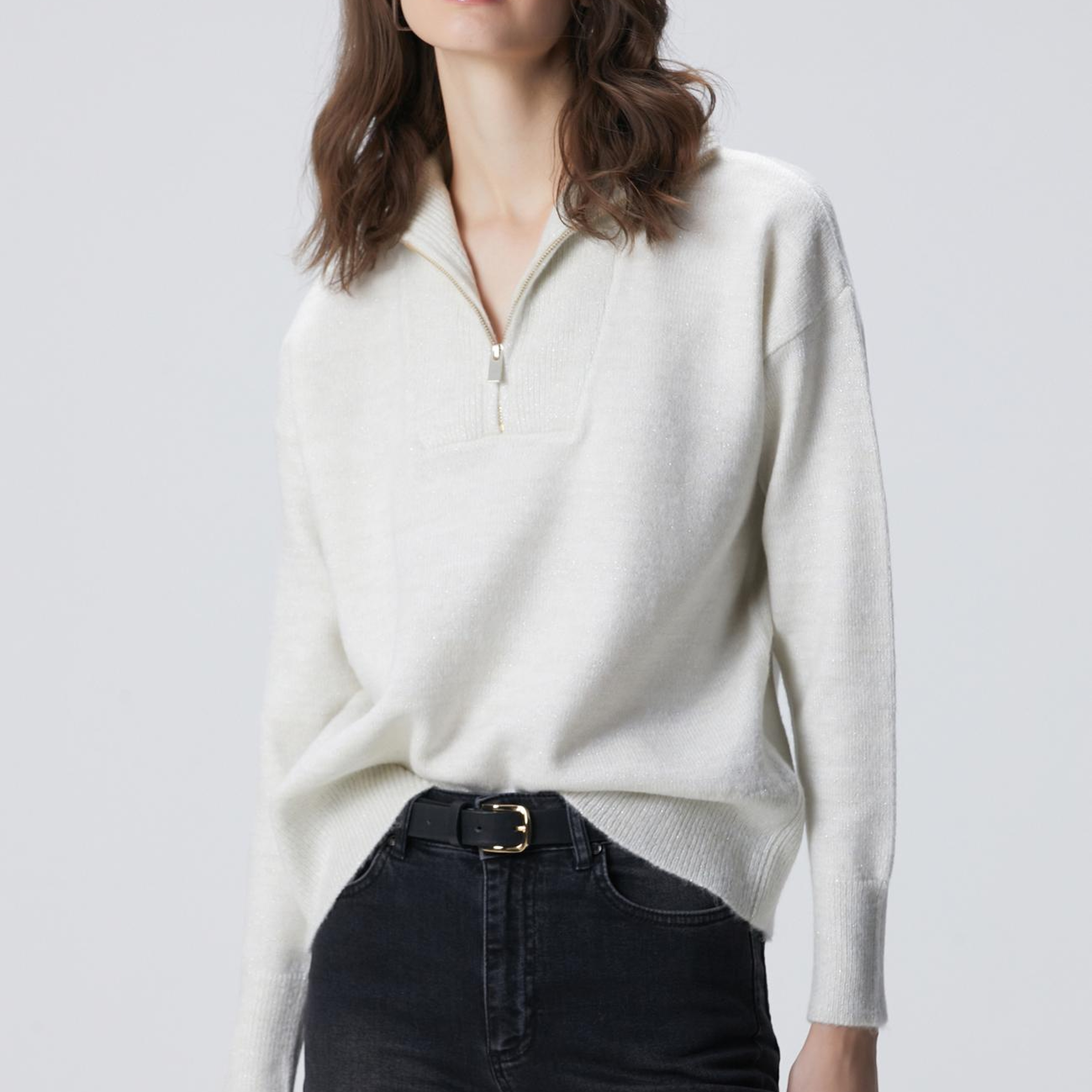 Network Kadın Kırık Beyaz Dik Yaka Fermuarlı Simli İp Kazak