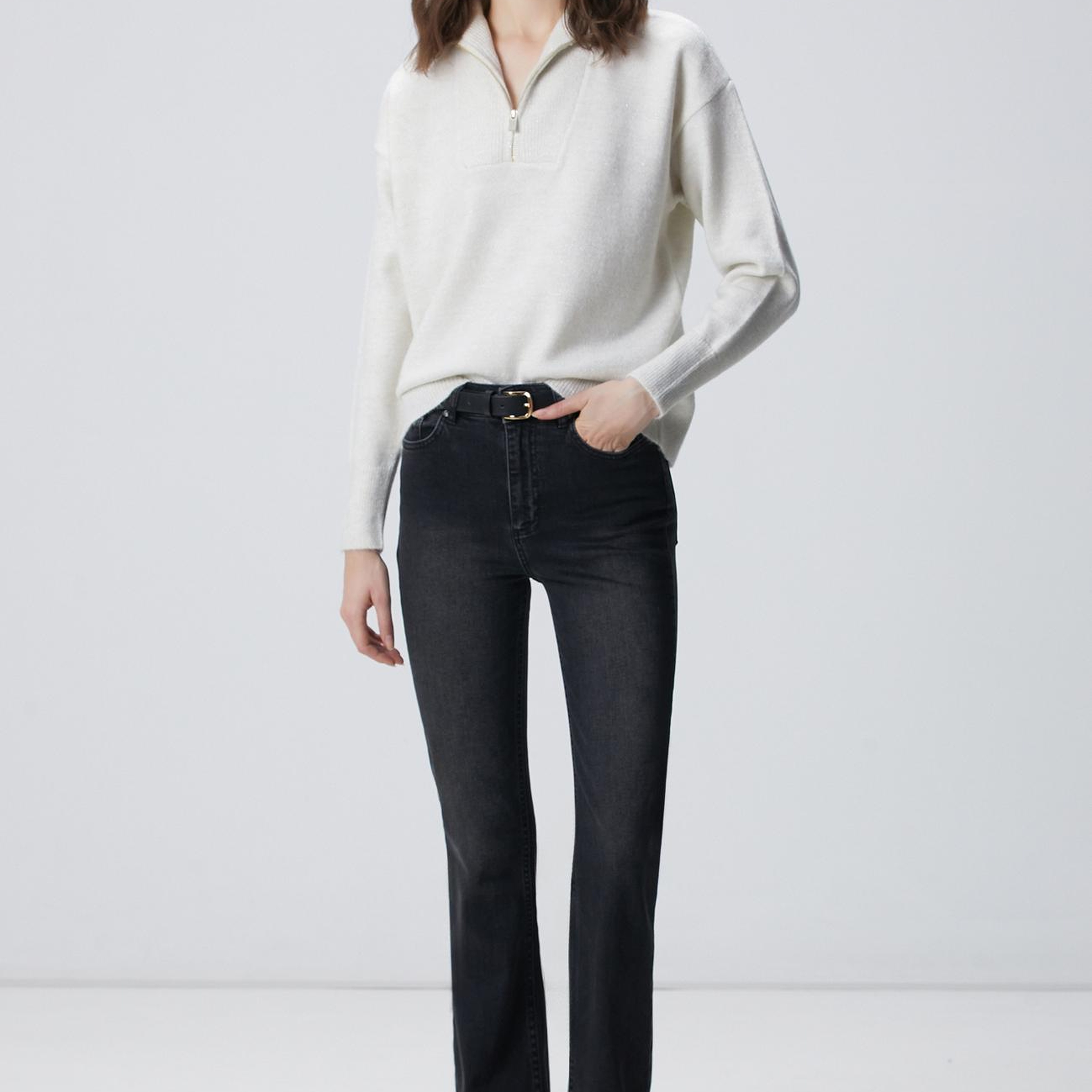 Network Kadın Kırık Beyaz Dik Yaka Fermuarlı Simli İp Kazak