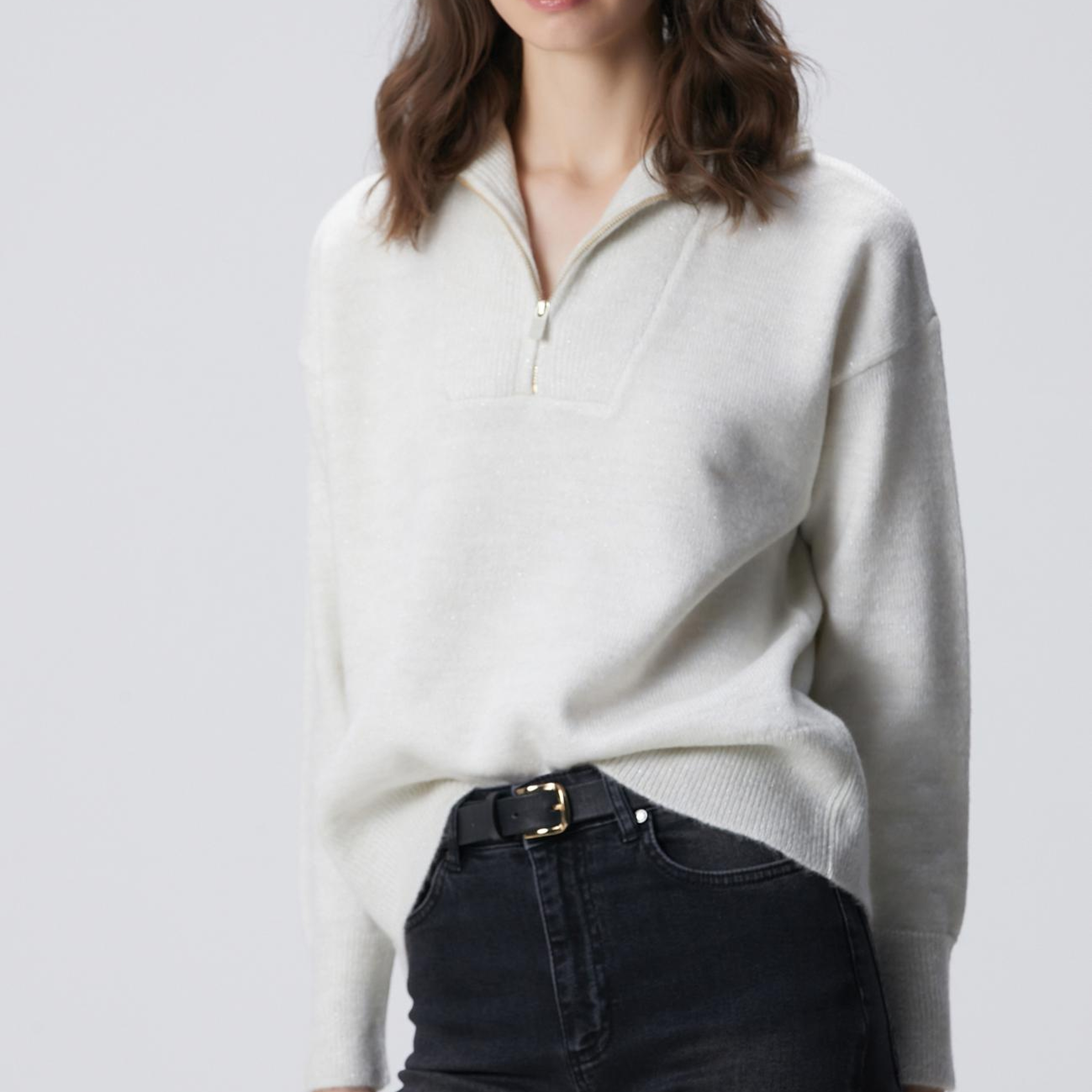 Network Kadın Kırık Beyaz Dik Yaka Fermuarlı Simli İp Kazak