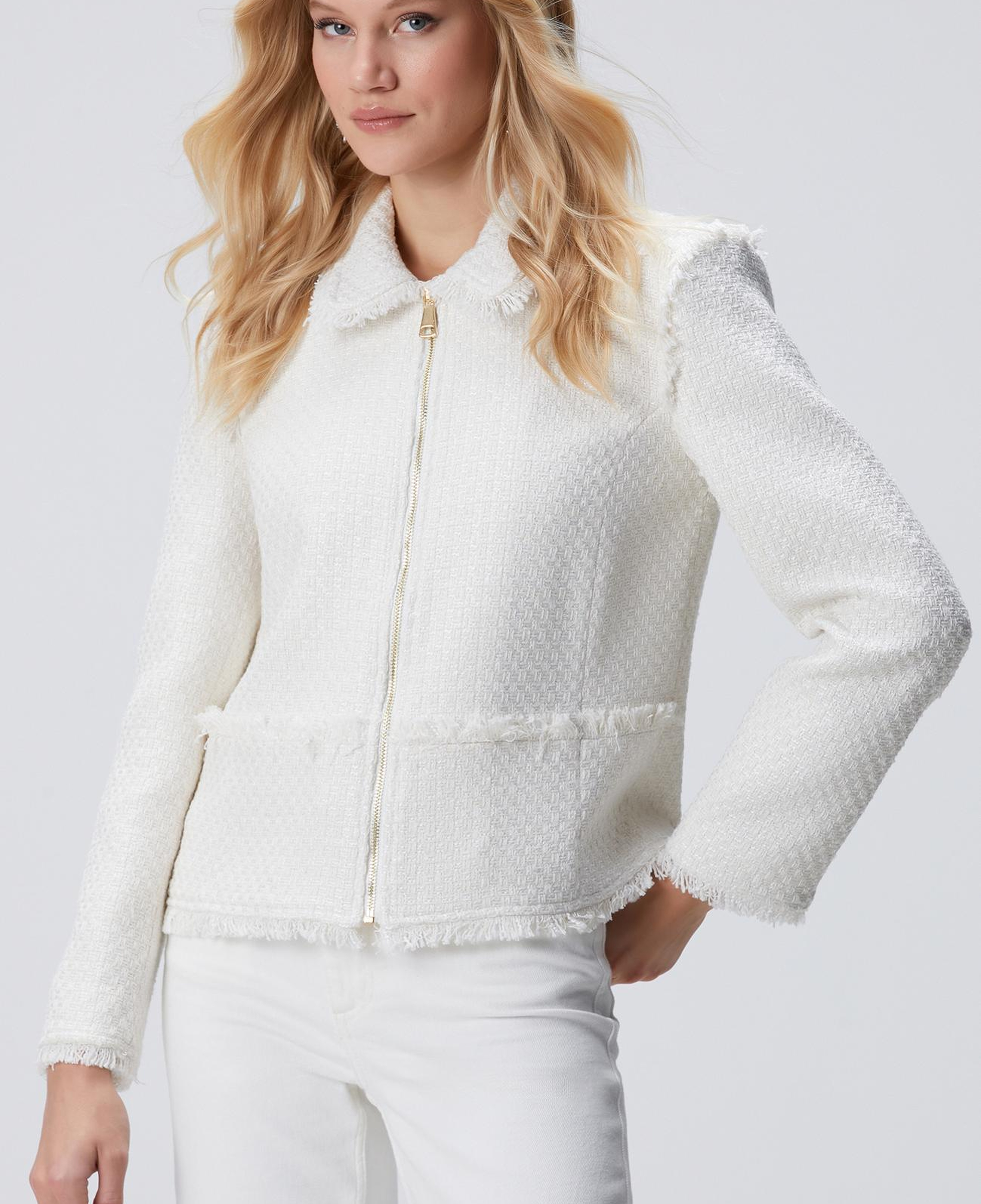Network Kadın Kırık Beyaz Fermuarlı Püskül Detaylı Tweed Ceket
