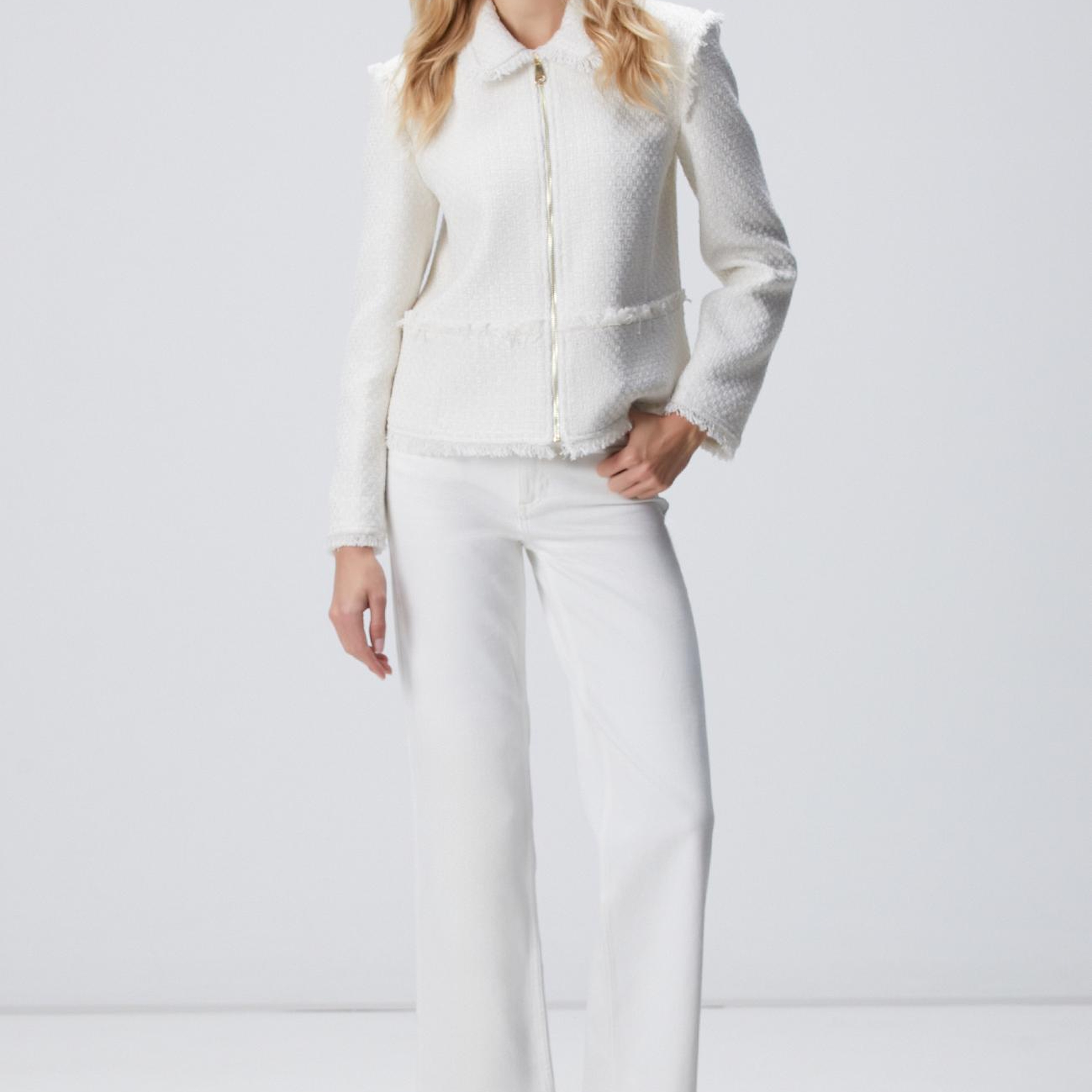 Network Kadın Kırık Beyaz Fermuarlı Püskül Detaylı Tweed Ceket