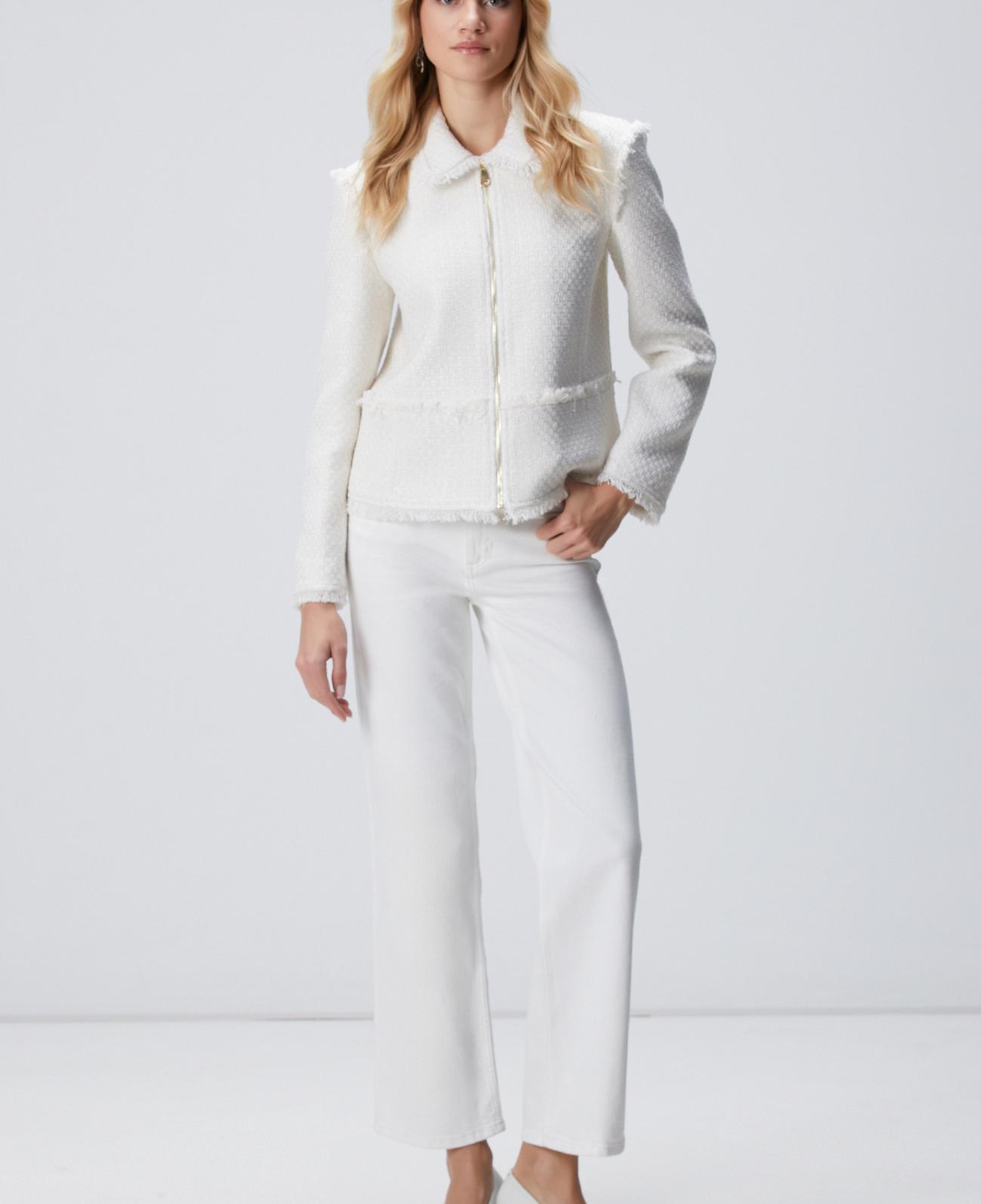 Network Kadın Kırık Beyaz Fermuarlı Püskül Detaylı Tweed Ceket