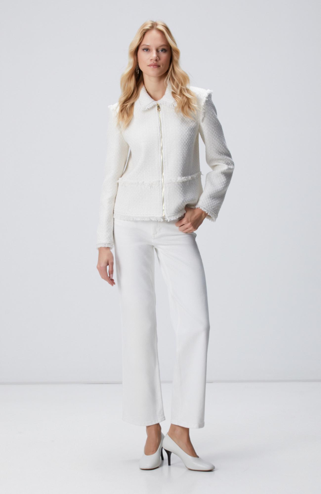 Network Kadın Kırık Beyaz Fermuarlı Püskül Detaylı Tweed Ceket